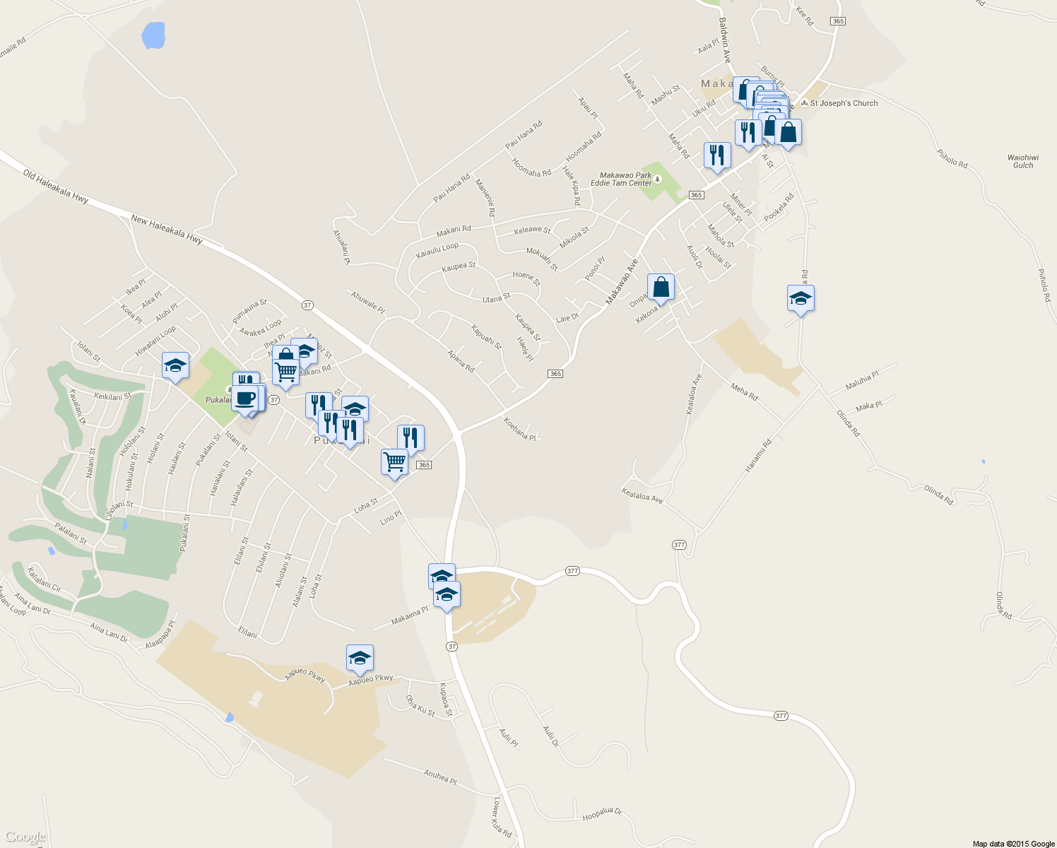 map of restaurants, bars, coffee shops, grocery stores, and more near 305 Iini Way in Makawao