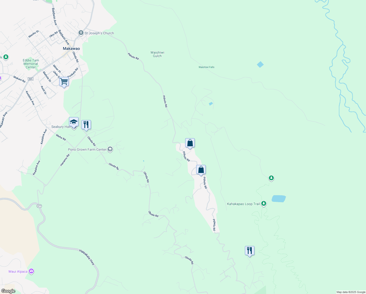 map of restaurants, bars, coffee shops, grocery stores, and more near 1065 Piiholo Road in Makawao
