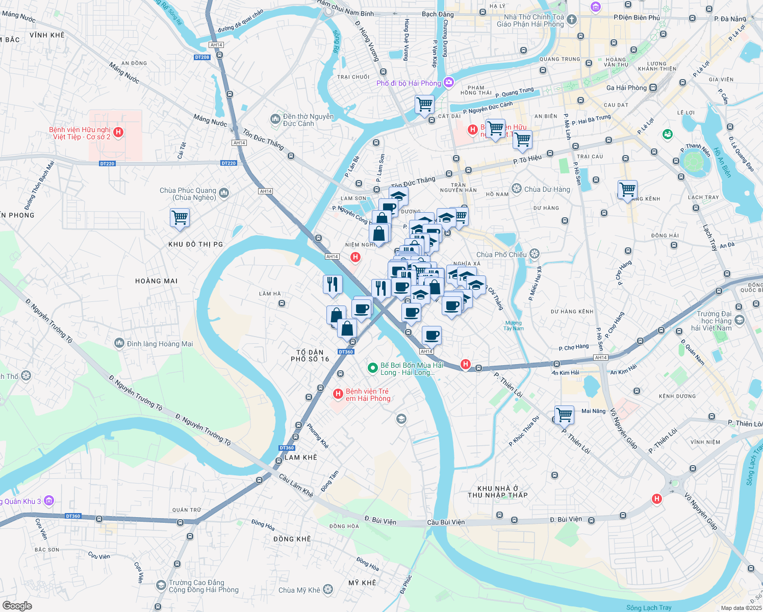 map of restaurants, bars, coffee shops, grocery stores, and more near 734 Nguyễn Văn Linh in Lê Chân