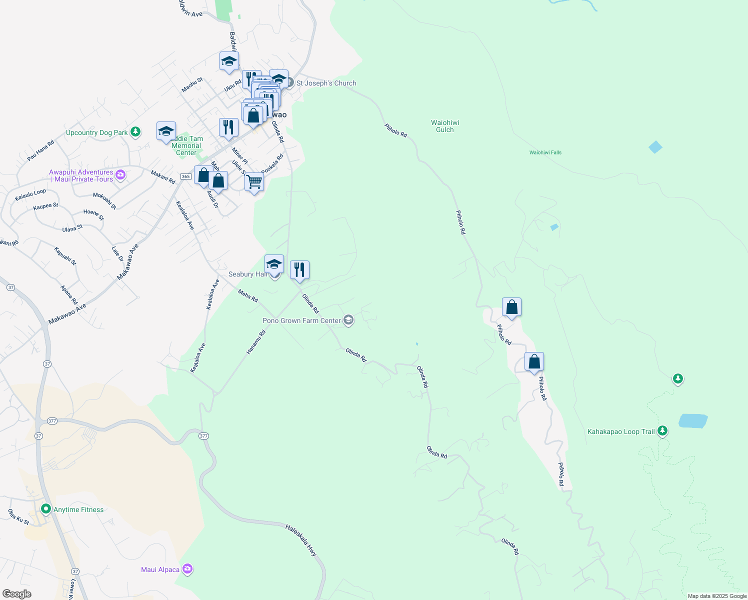 map of restaurants, bars, coffee shops, grocery stores, and more near 645 Olinda Road in Makawao
