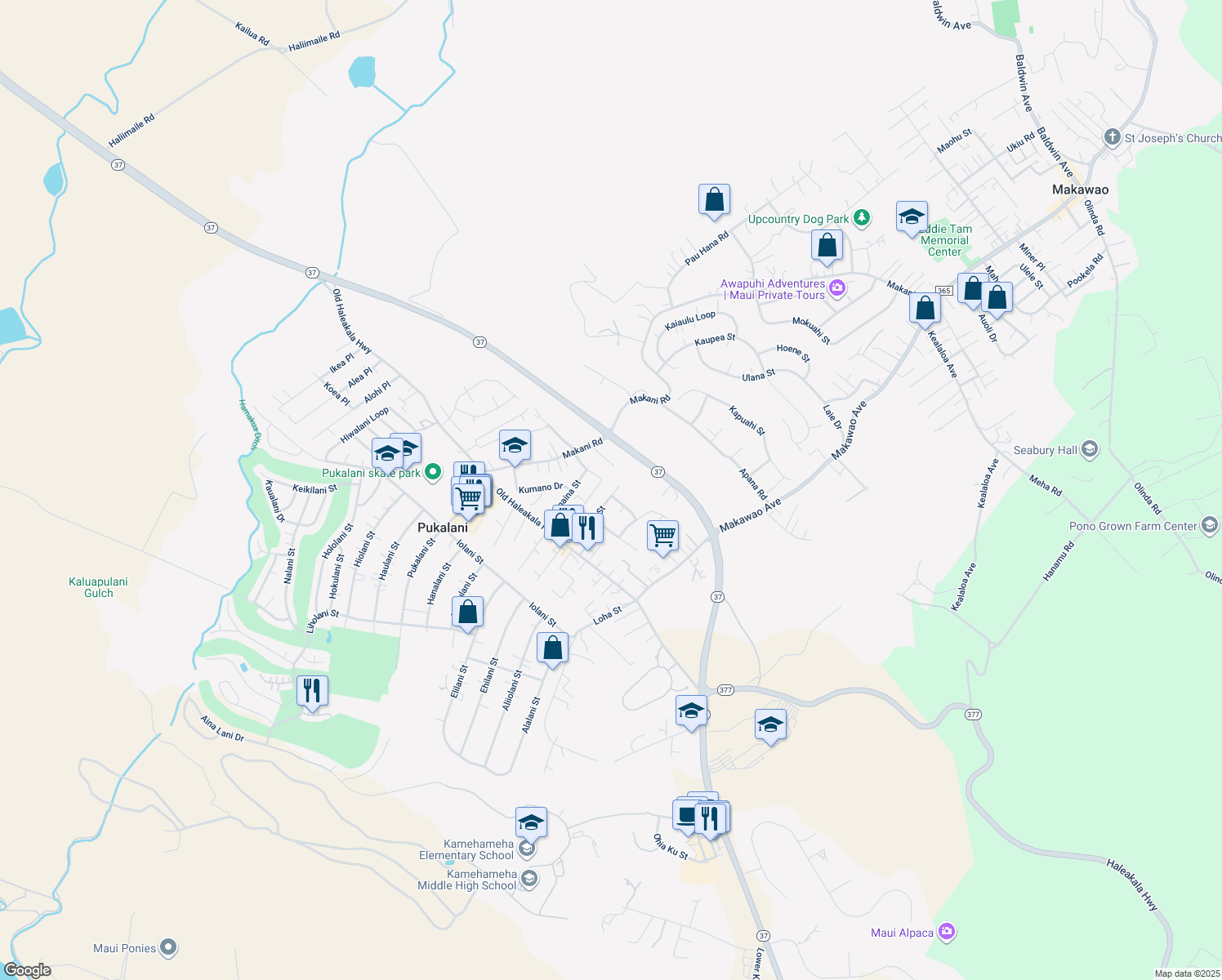 map of restaurants, bars, coffee shops, grocery stores, and more near 131 Haahaa Street in Makawao