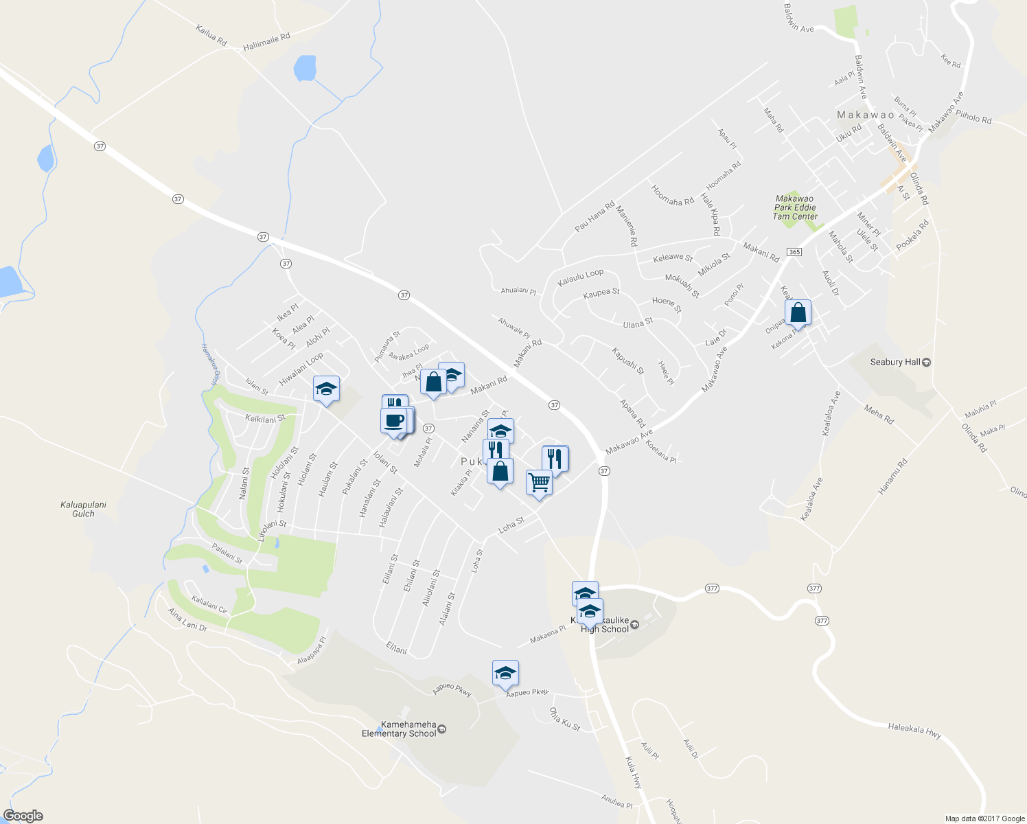 map of restaurants, bars, coffee shops, grocery stores, and more near 3301 Kihapai Place in Makawao