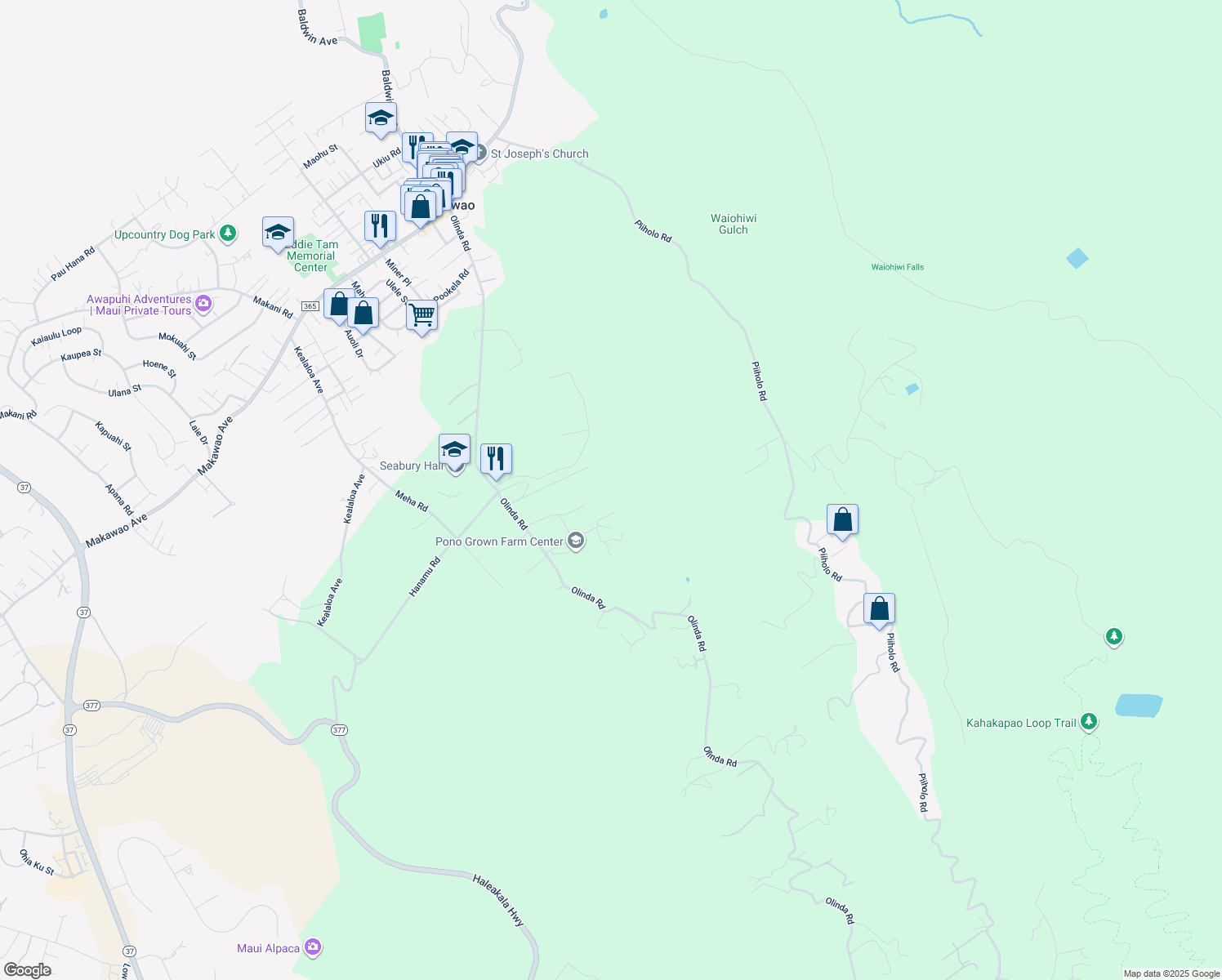 map of restaurants, bars, coffee shops, grocery stores, and more near 645 Olinda Road in Makawao