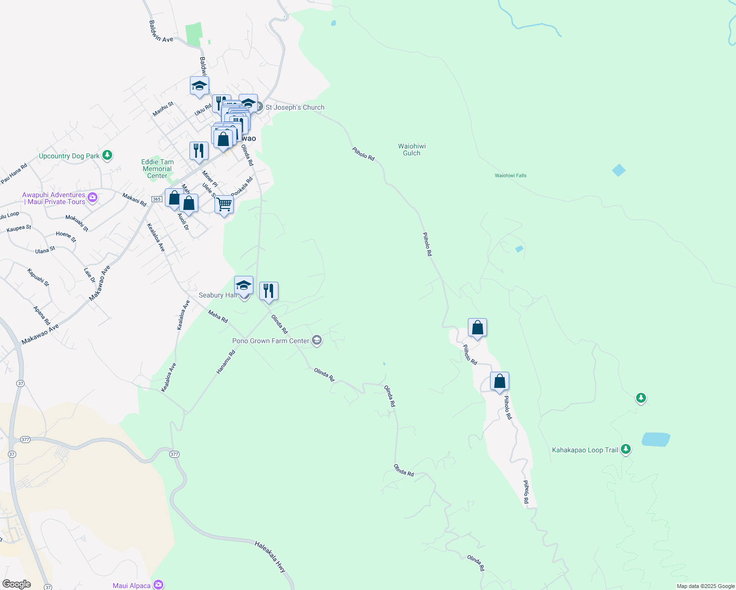 map of restaurants, bars, coffee shops, grocery stores, and more near 685 Olinda Road in Makawao