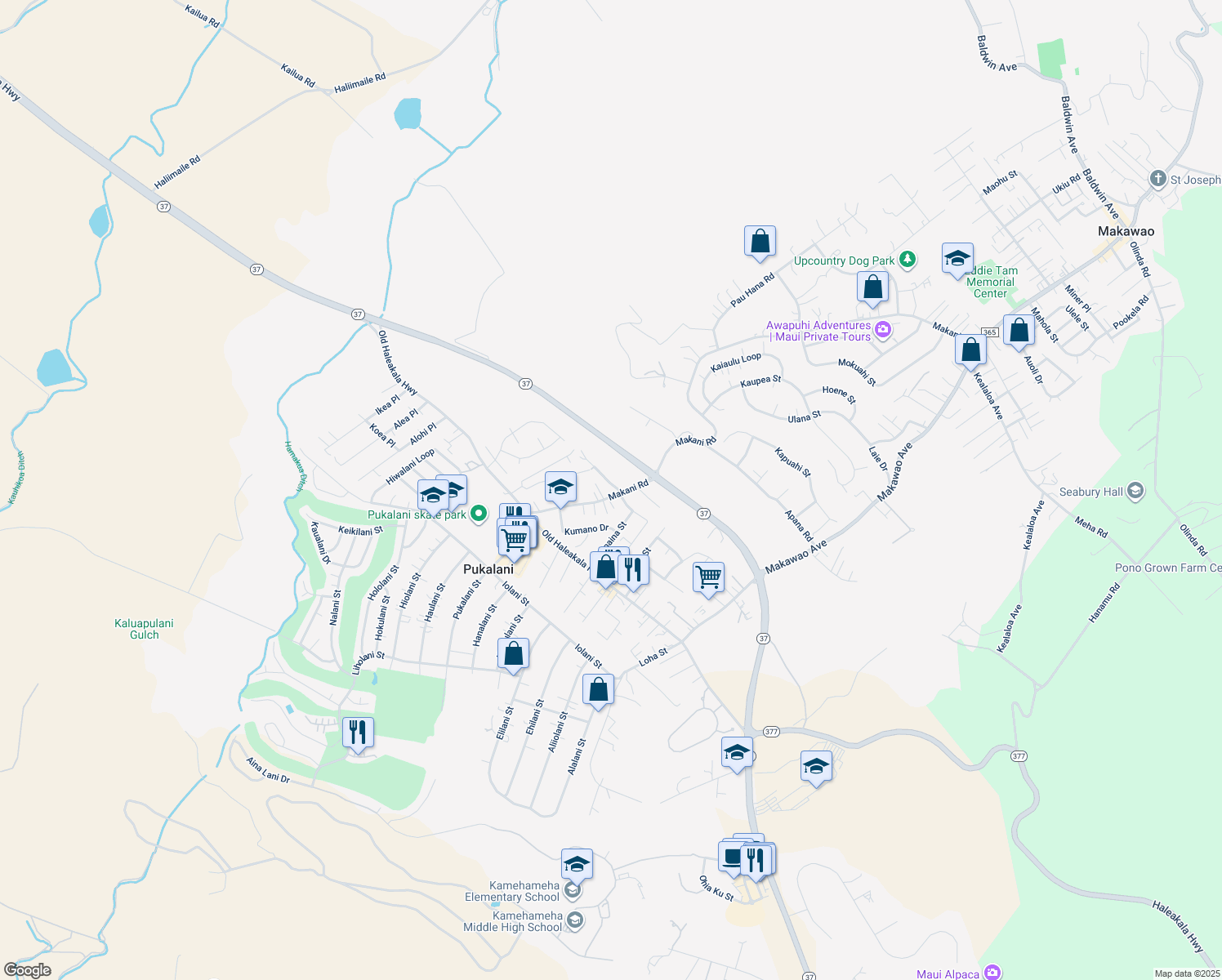 map of restaurants, bars, coffee shops, grocery stores, and more near 19 Munoz Street in Makawao