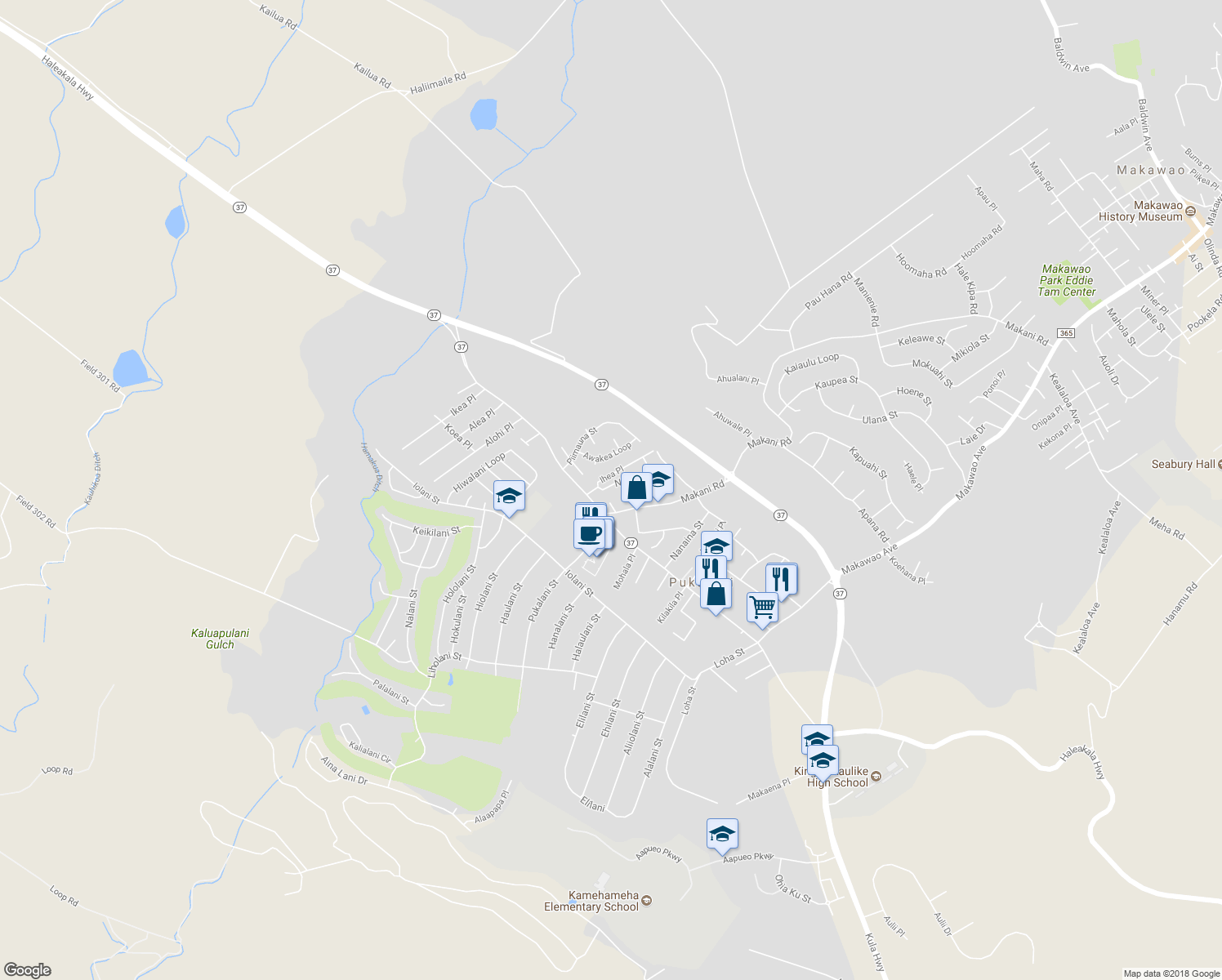 map of restaurants, bars, coffee shops, grocery stores, and more near 40 Noho Place in Makawao