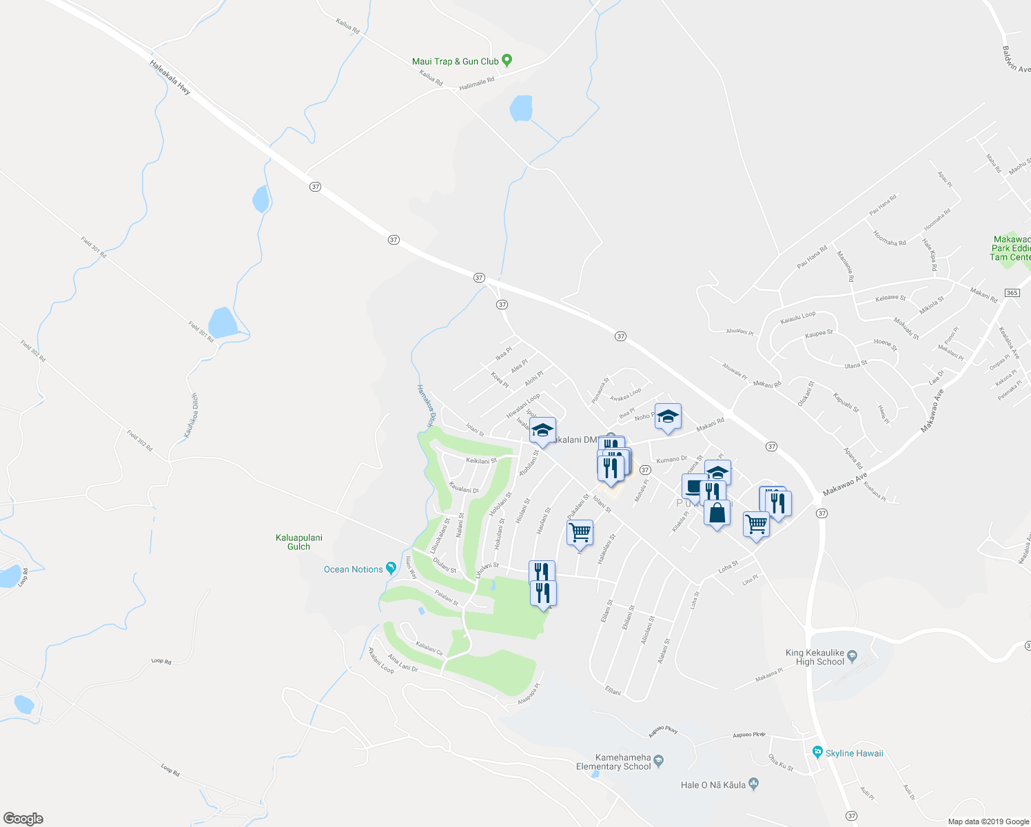 map of restaurants, bars, coffee shops, grocery stores, and more near 80 Hiwalani Loop in Makawao