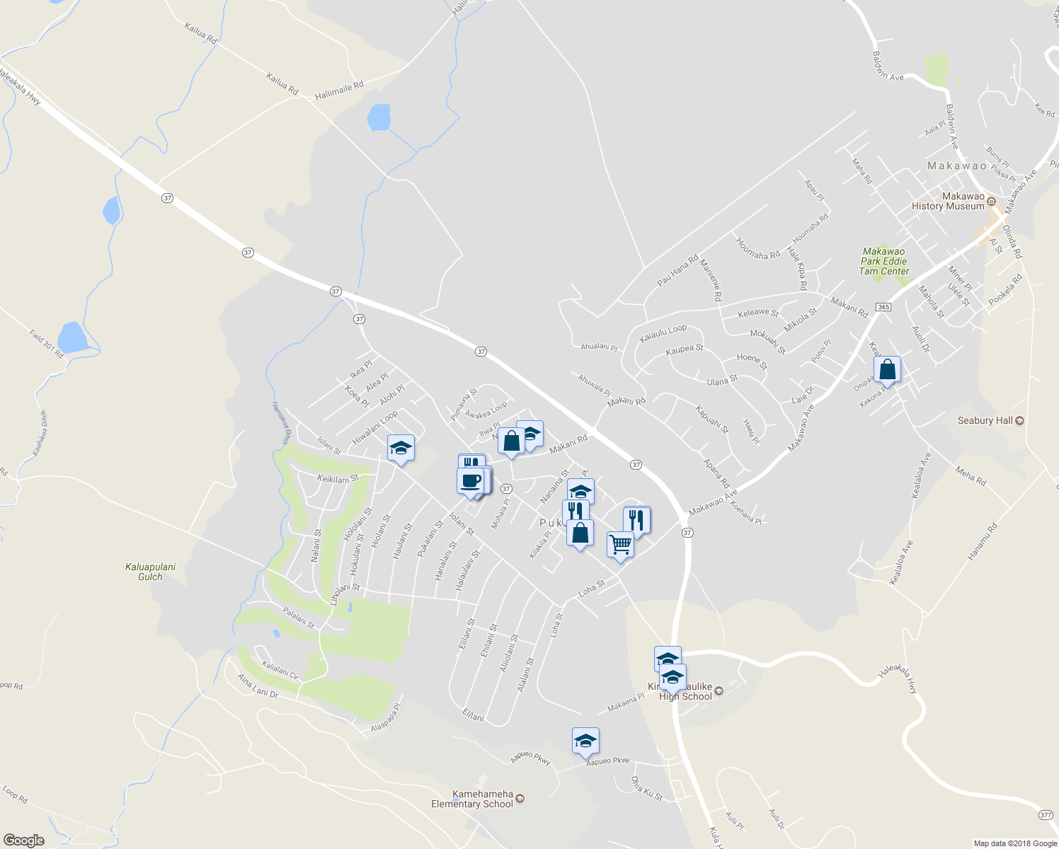 map of restaurants, bars, coffee shops, grocery stores, and more near 133 Noho Place in Makawao