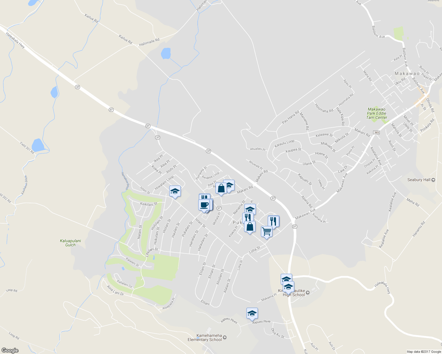 map of restaurants, bars, coffee shops, grocery stores, and more near 109 Ihea Place in Makawao