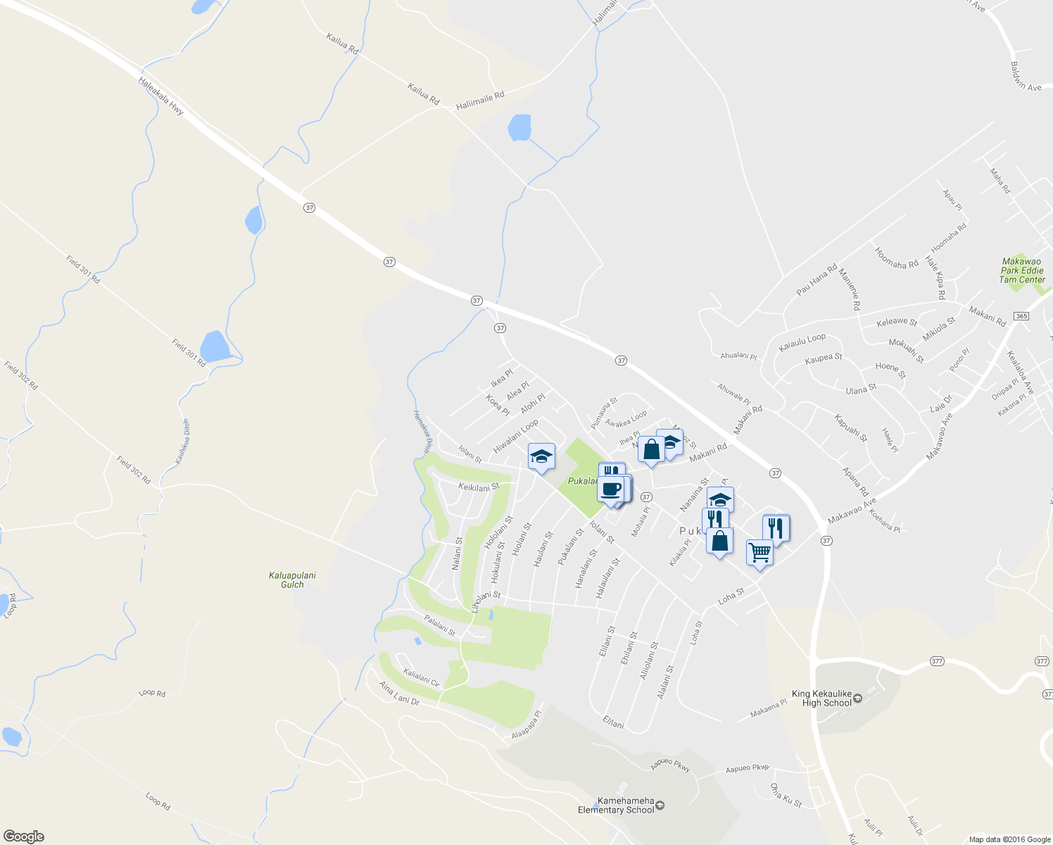 map of restaurants, bars, coffee shops, grocery stores, and more near 119 Hiwalani Loop in Makawao