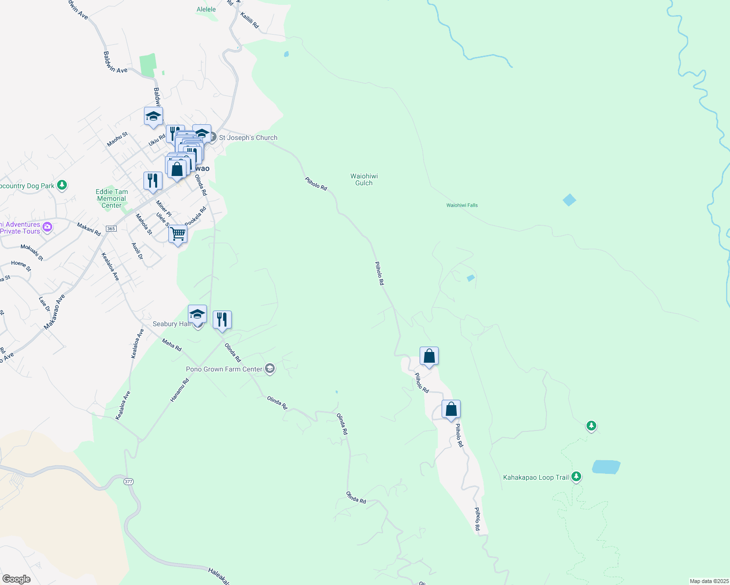 map of restaurants, bars, coffee shops, grocery stores, and more near 810 Piiholo Road in Makawao