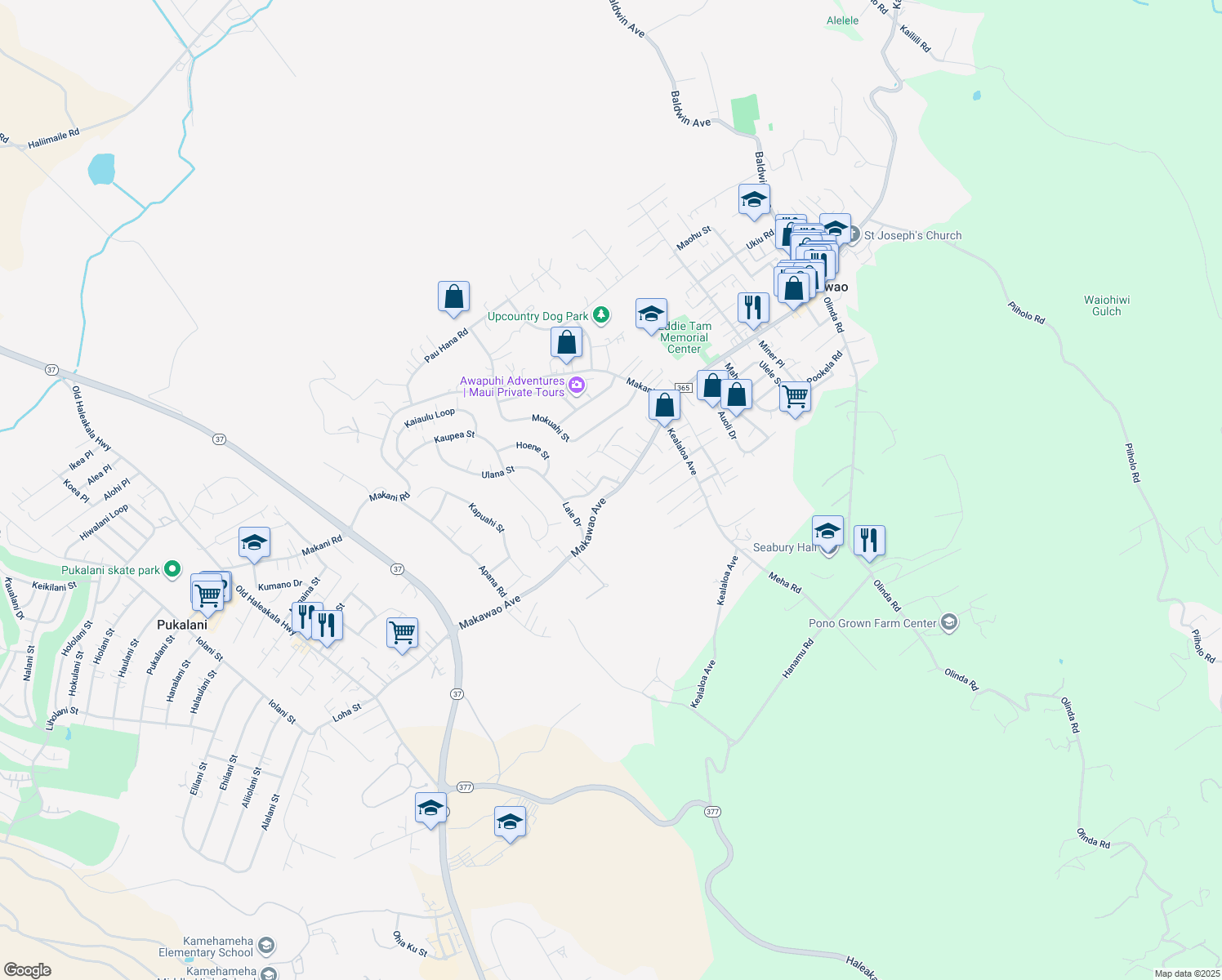 map of restaurants, bars, coffee shops, grocery stores, and more near 657 Makawao Avenue in Makawao