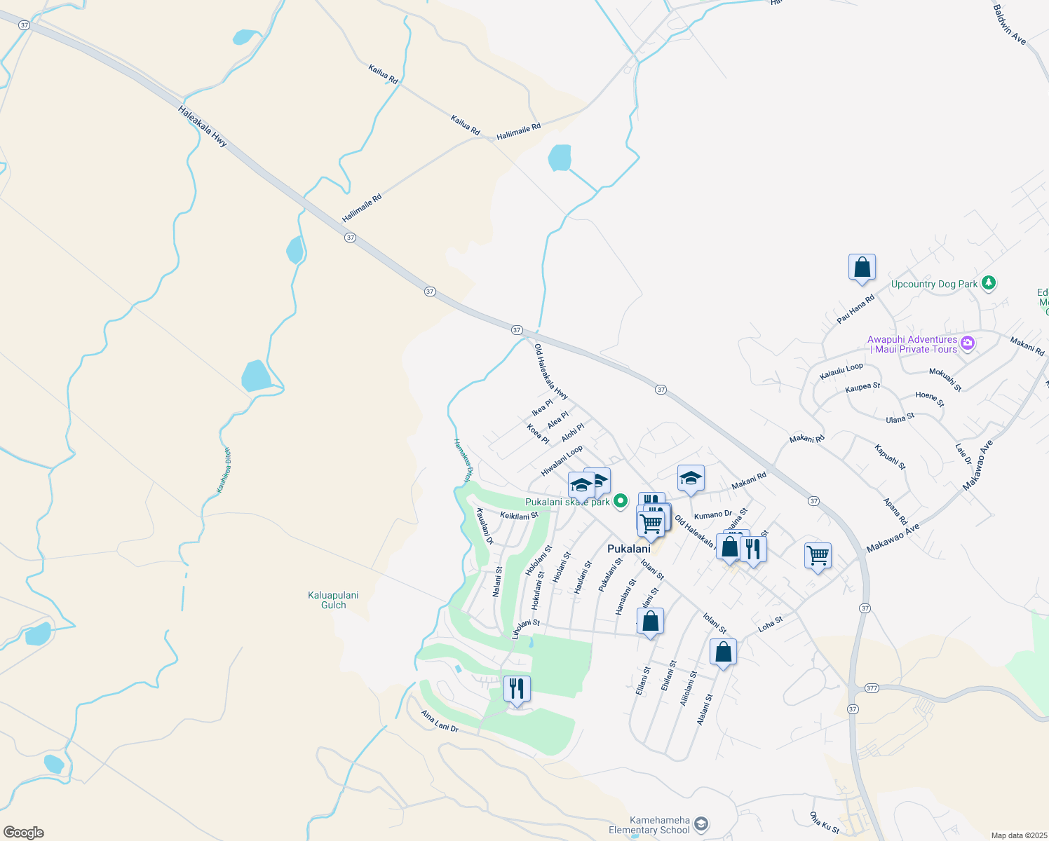 map of restaurants, bars, coffee shops, grocery stores, and more near Ikea Pl in Pukalani