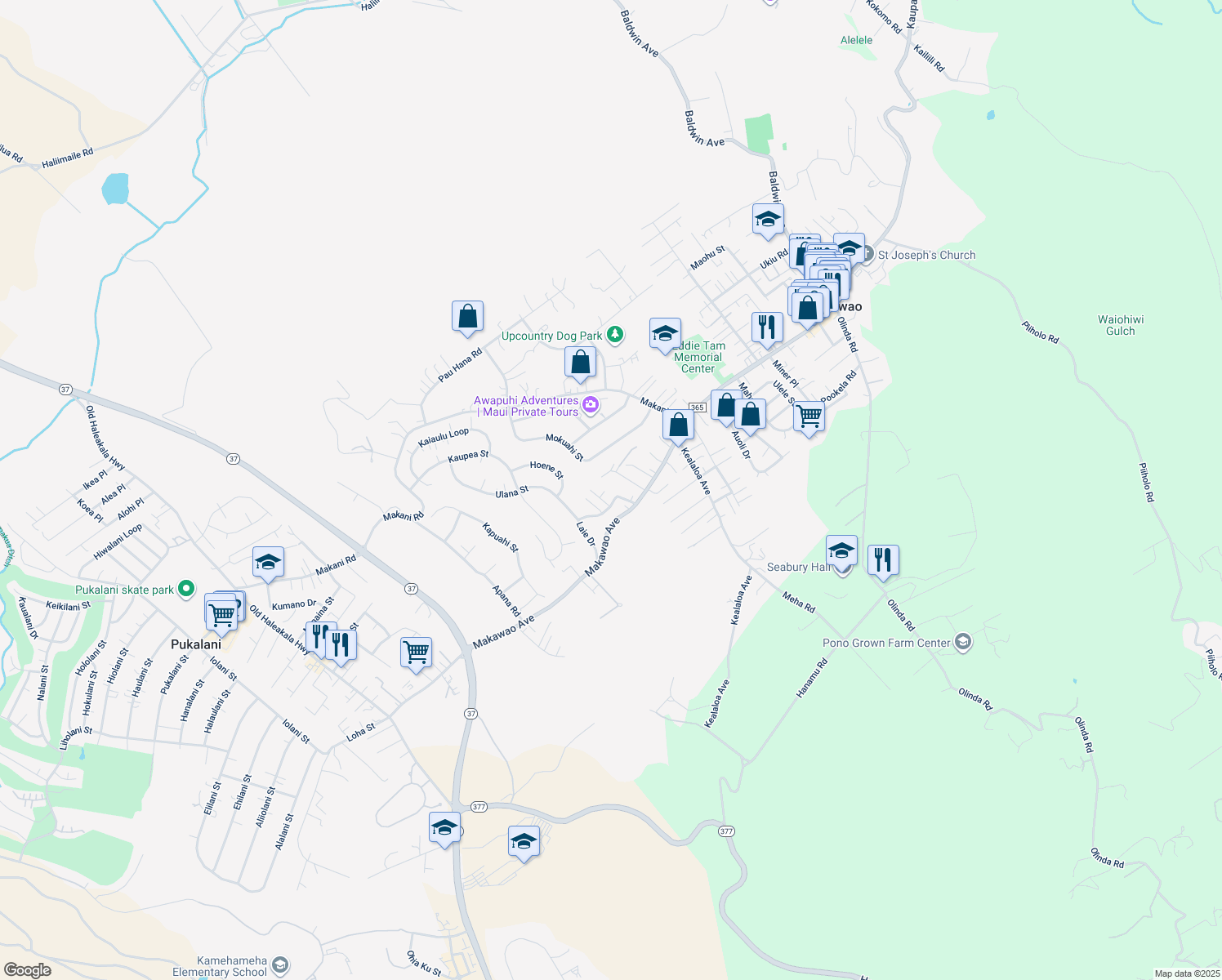 map of restaurants, bars, coffee shops, grocery stores, and more near 614 Loulu Way in Makawao