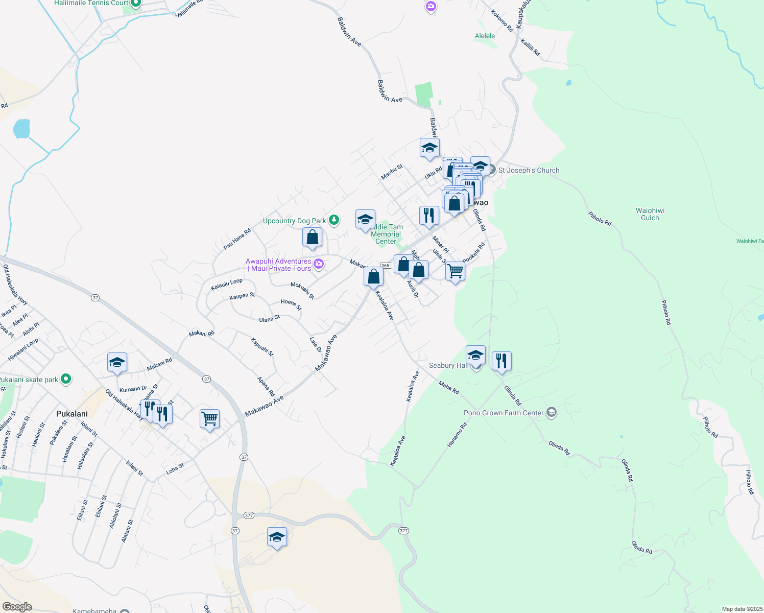 map of restaurants, bars, coffee shops, grocery stores, and more near 62 Kealaloa Avenue in Makawao