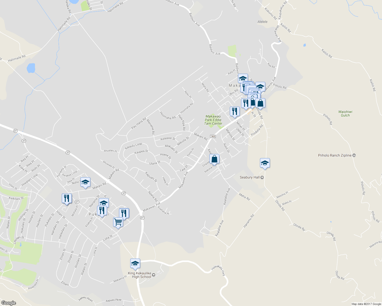 map of restaurants, bars, coffee shops, grocery stores, and more near 728 Ponoi Place in Makawao