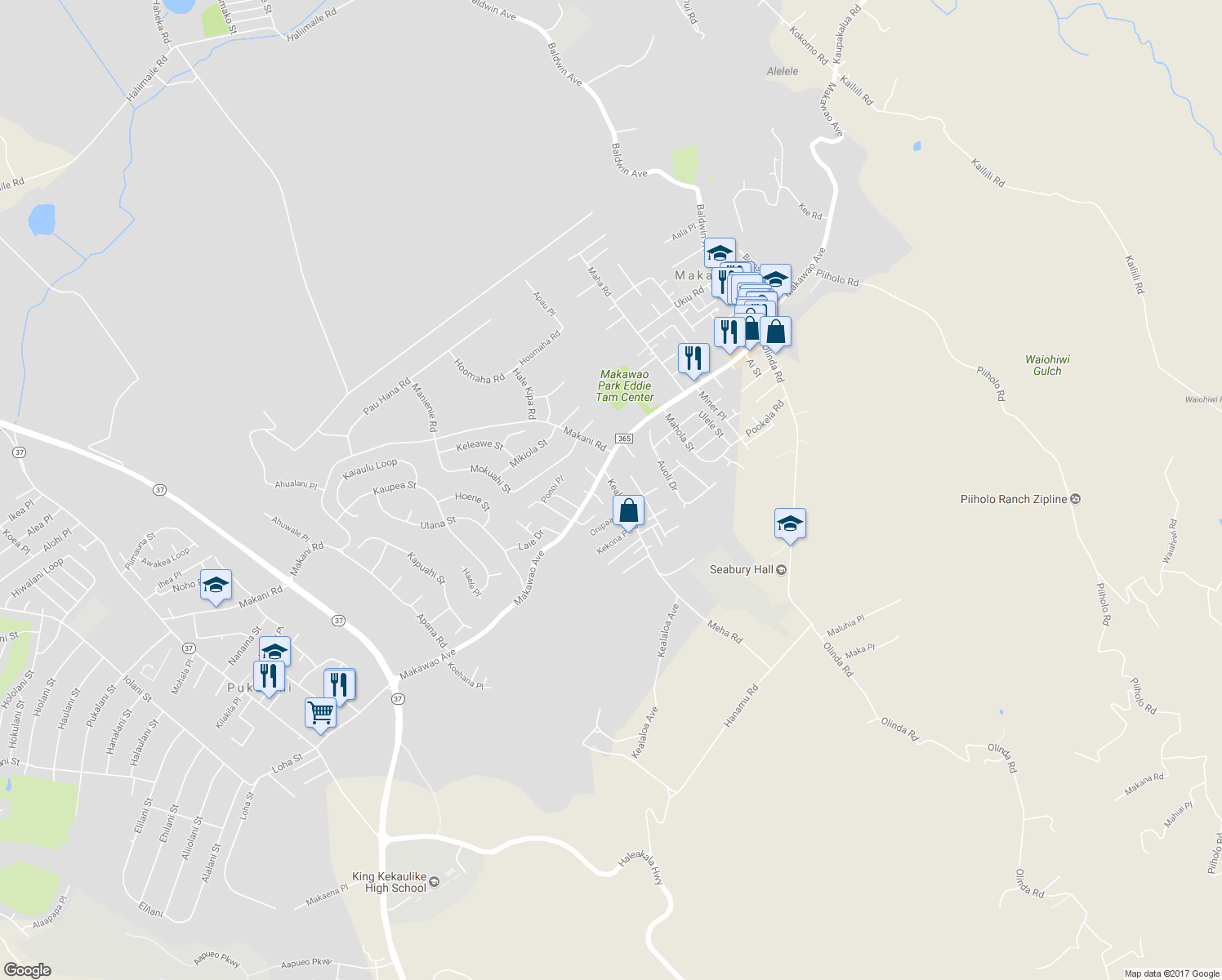 map of restaurants, bars, coffee shops, grocery stores, and more near 38 Kealaloa Avenue in Makawao