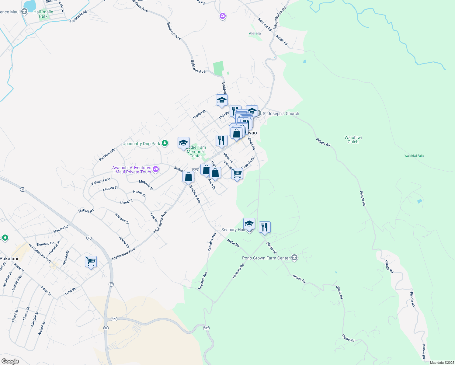map of restaurants, bars, coffee shops, grocery stores, and more near 132 Mahola Street in Makawao