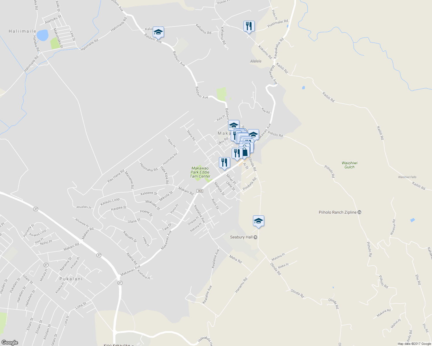 map of restaurants, bars, coffee shops, grocery stores, and more near 27 Maha Road in Makawao