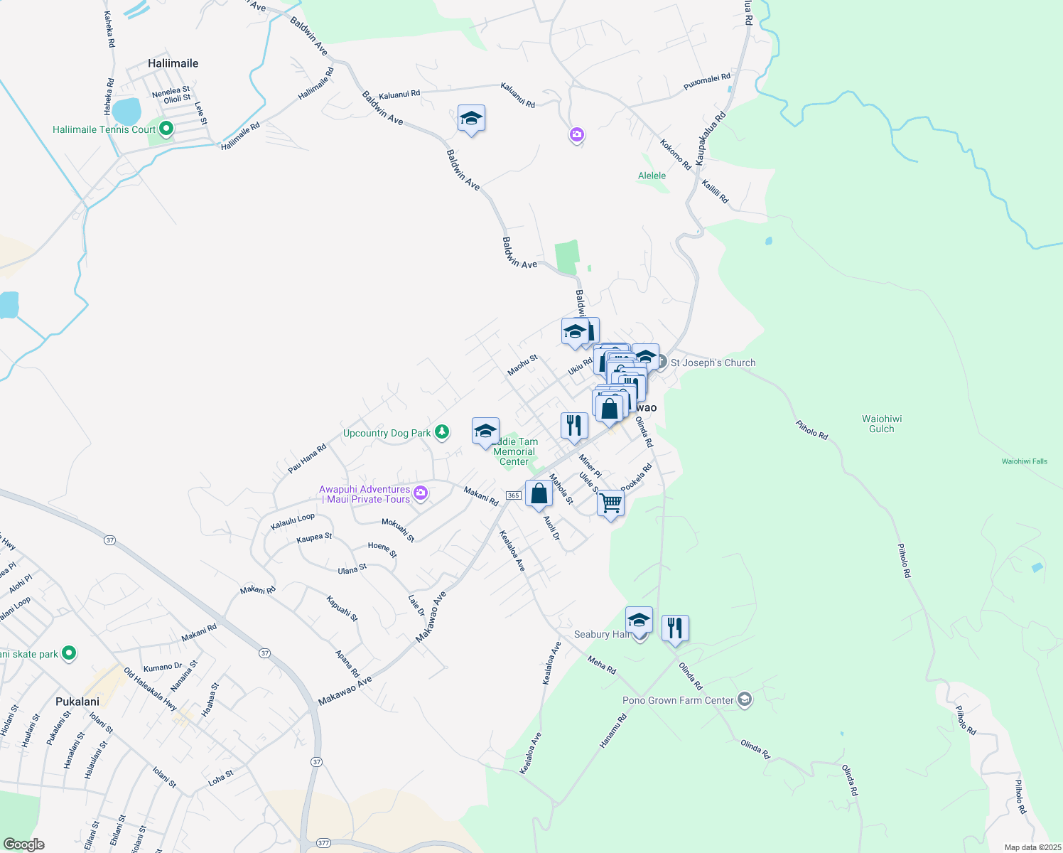 map of restaurants, bars, coffee shops, grocery stores, and more near 991 Hoomahana Place in Makawao