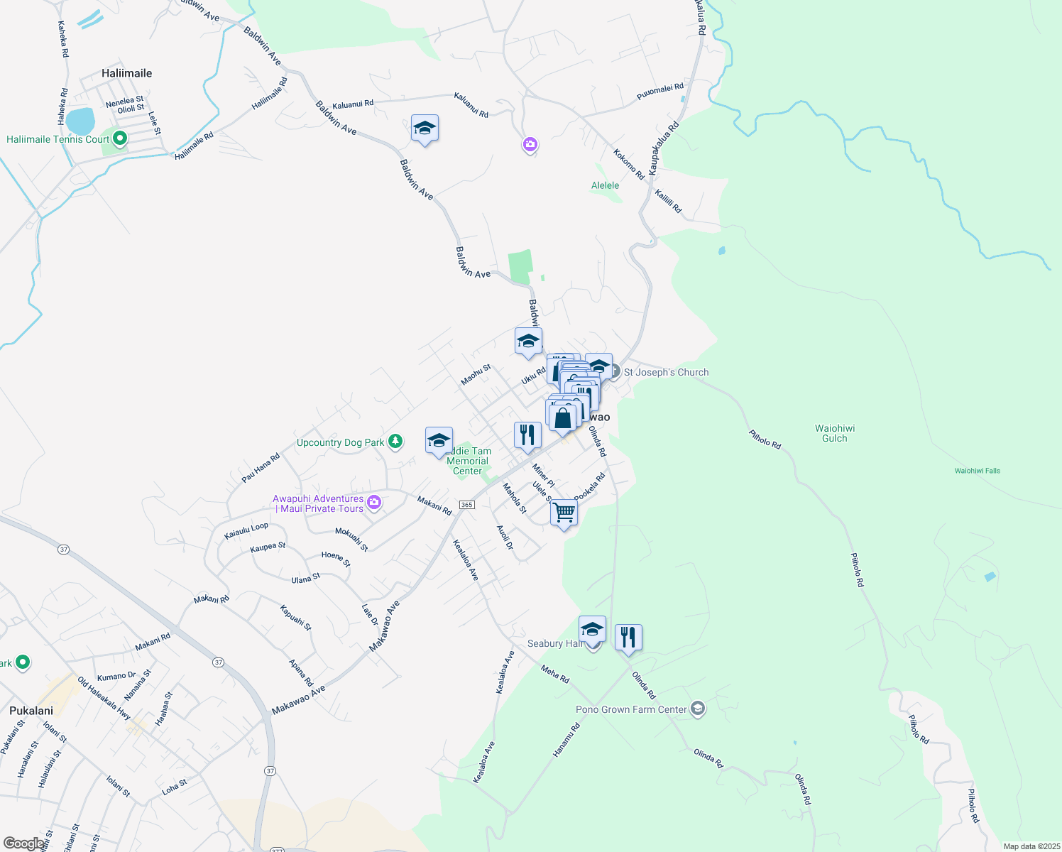 map of restaurants, bars, coffee shops, grocery stores, and more near 1128 Mahanani Place in Makawao