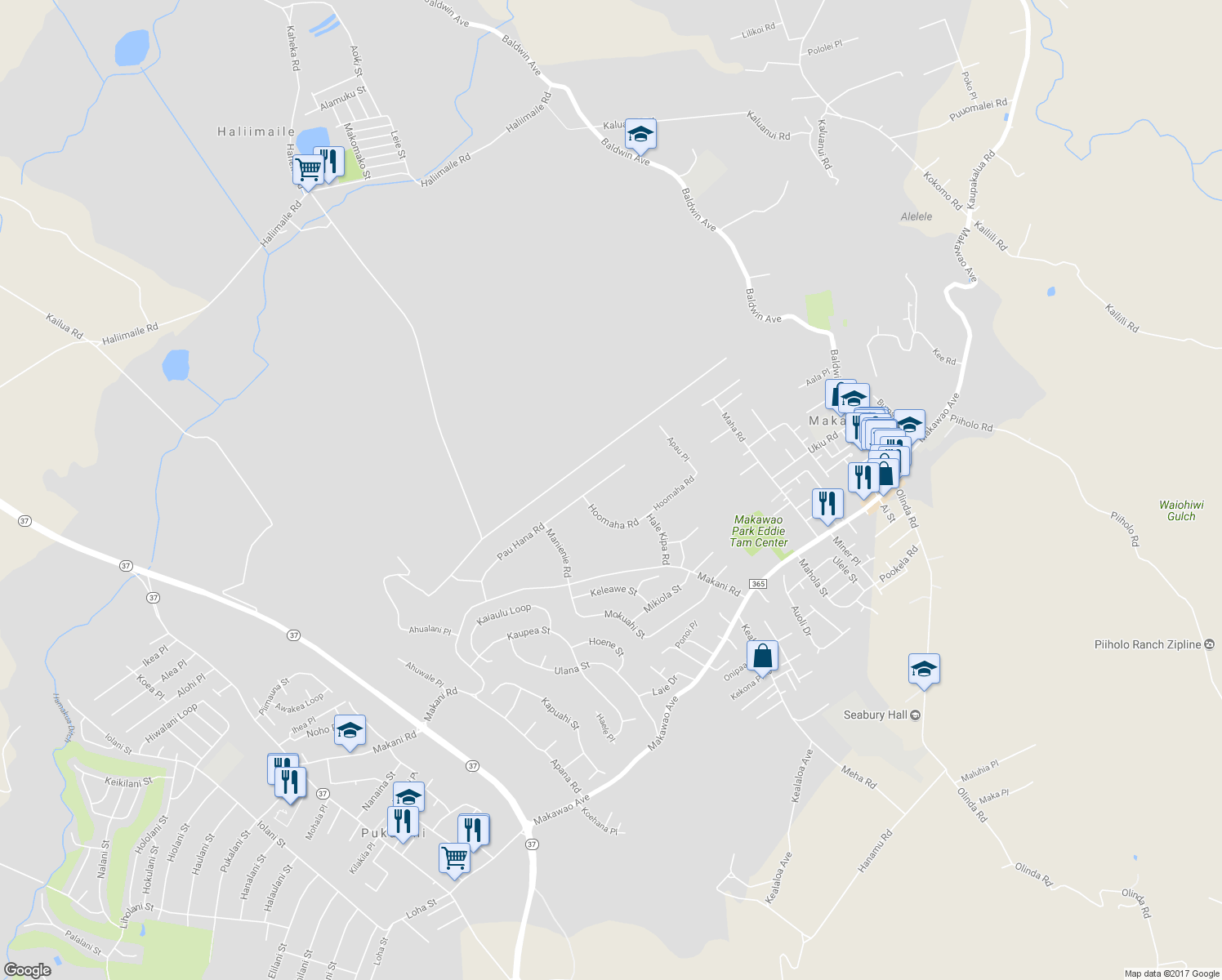 map of restaurants, bars, coffee shops, grocery stores, and more near 350 Pau Hana Road in Makawao