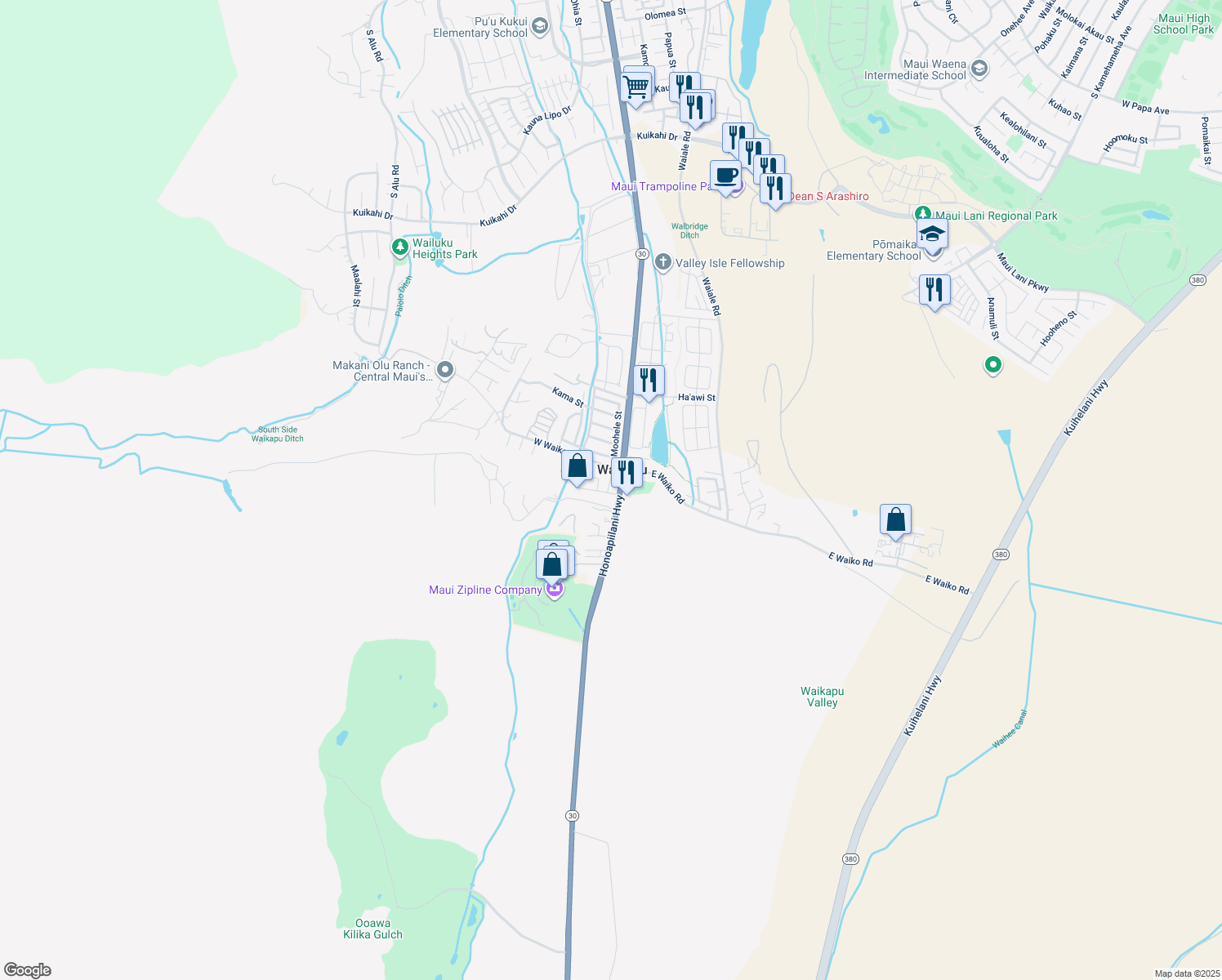 map of restaurants, bars, coffee shops, grocery stores, and more near 1460 Keilio Place in Wailuku