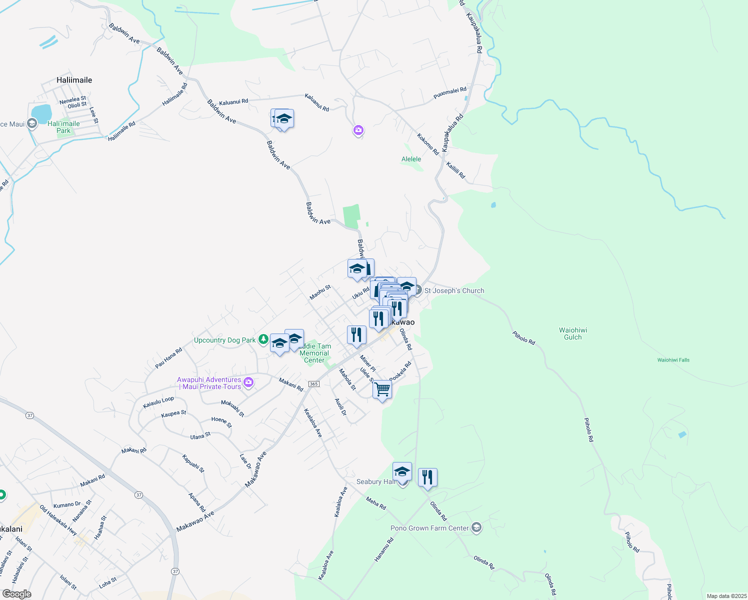 map of restaurants, bars, coffee shops, grocery stores, and more near 1150 Hemala Street in Makawao