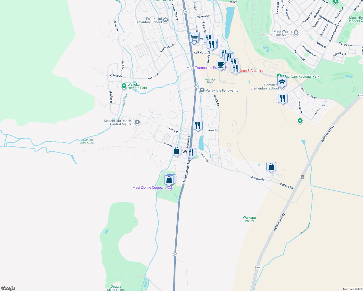map of restaurants, bars, coffee shops, grocery stores, and more near 60 Ili Kupono Street in Wailuku