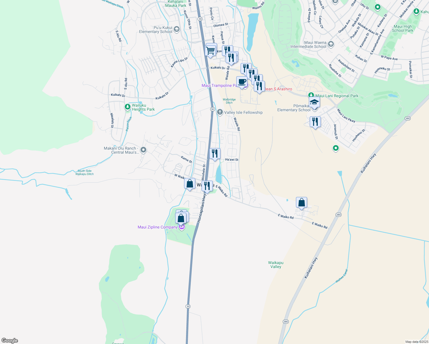 map of restaurants, bars, coffee shops, grocery stores, and more near 149 Kamaha'o Circle in Wailuku
