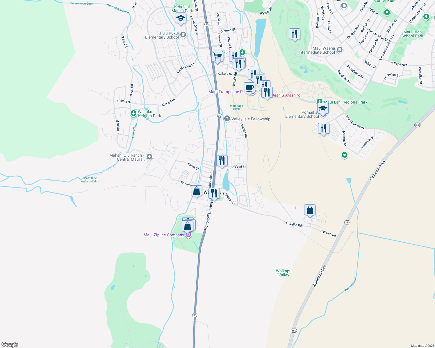 map of restaurants, bars, coffee shops, grocery stores, and more near 232 Kamaha'o Circle in Wailuku