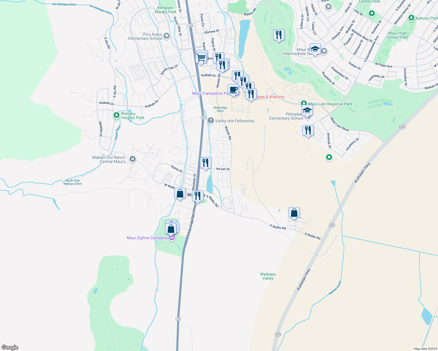 map of restaurants, bars, coffee shops, grocery stores, and more near 98 Nokekula Loop in Wailuku