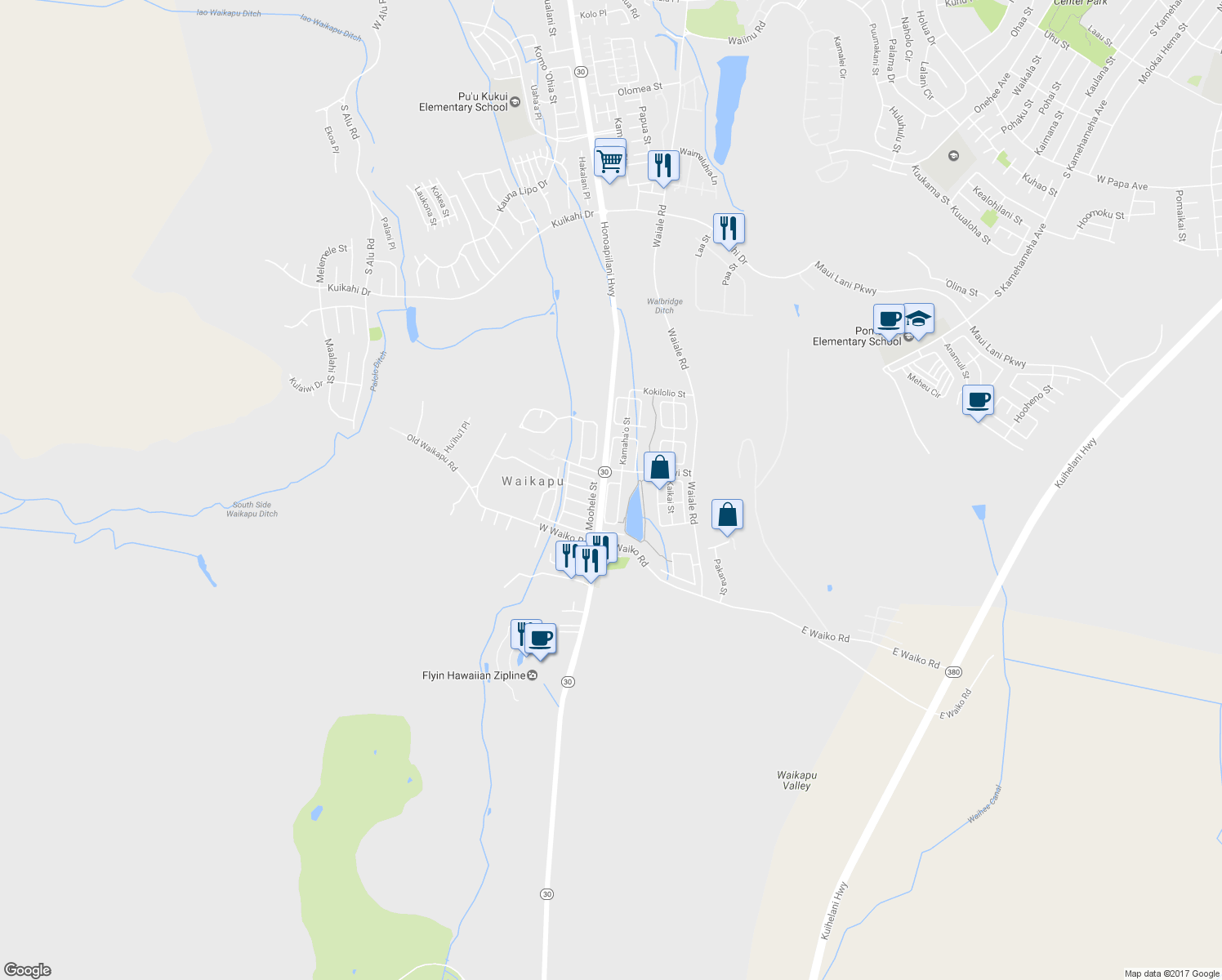 map of restaurants, bars, coffee shops, grocery stores, and more near 236 Kamaha'o Circle in Wailuku