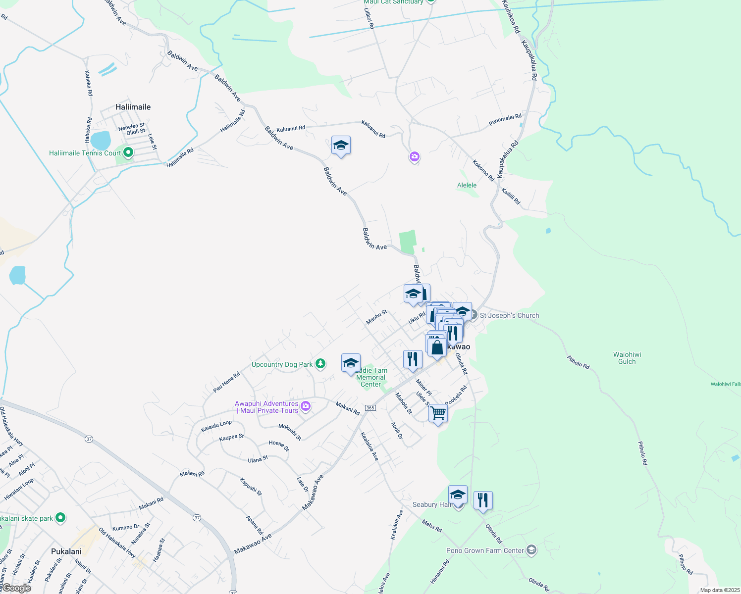 map of restaurants, bars, coffee shops, grocery stores, and more near 244 North Makaleha Place in Makawao