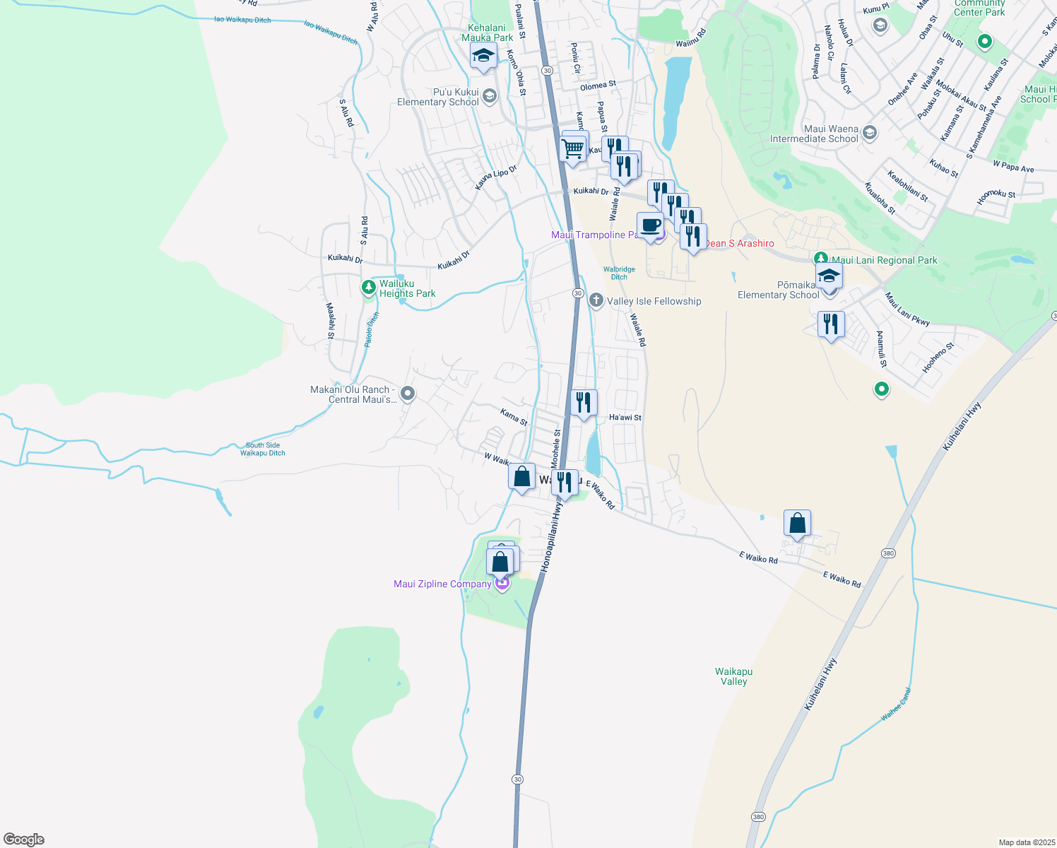 map of restaurants, bars, coffee shops, grocery stores, and more near 181 Kama Street in Wailuku