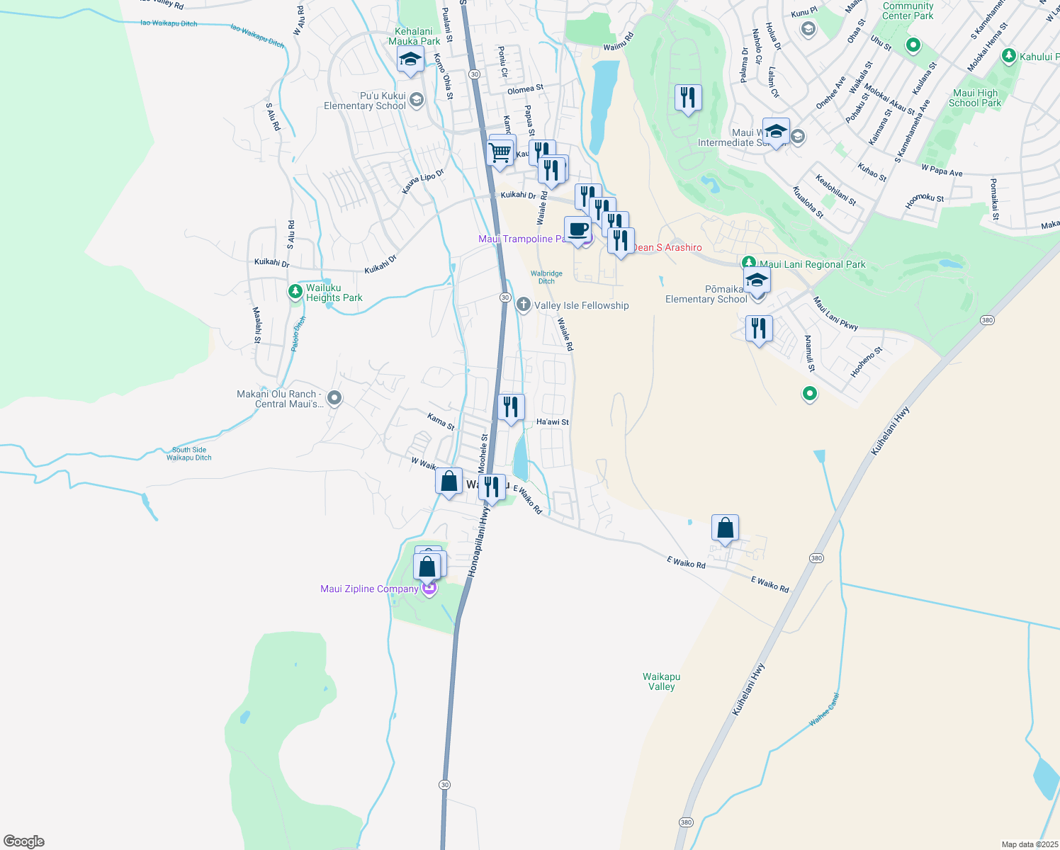 map of restaurants, bars, coffee shops, grocery stores, and more near 801 Ha'awi Street in Wailuku