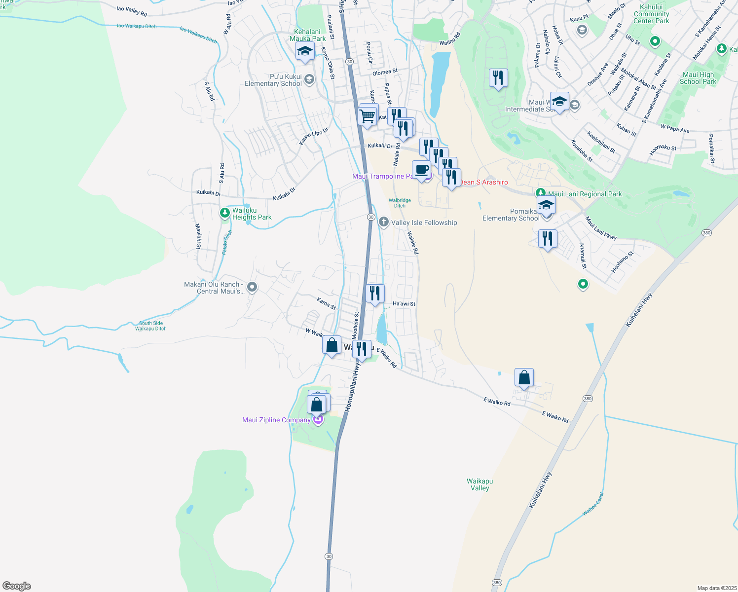 map of restaurants, bars, coffee shops, grocery stores, and more near 924 Ha'awi Loop in Wailuku