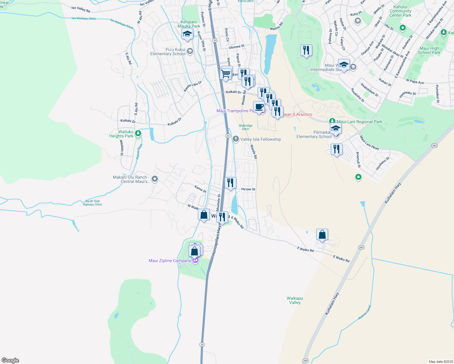 map of restaurants, bars, coffee shops, grocery stores, and more near 932 Ha'awi Loop in Wailuku