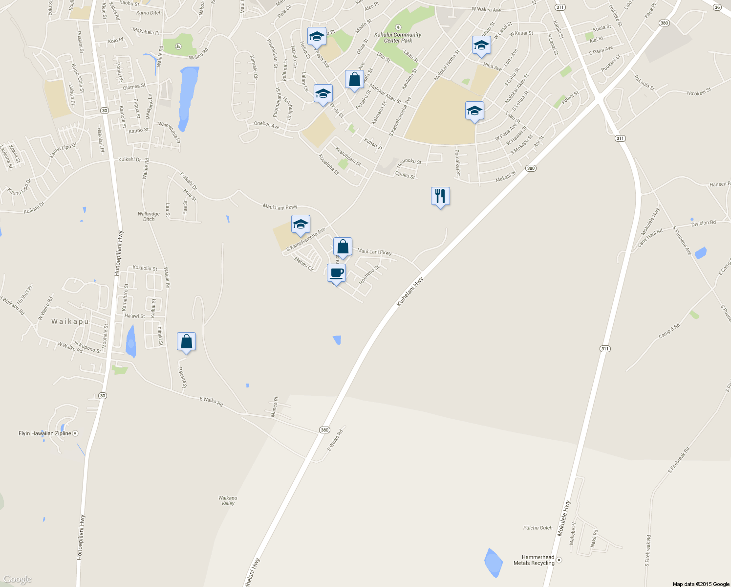map of restaurants, bars, coffee shops, grocery stores, and more near 134 Molehulehu Loop in Kahului