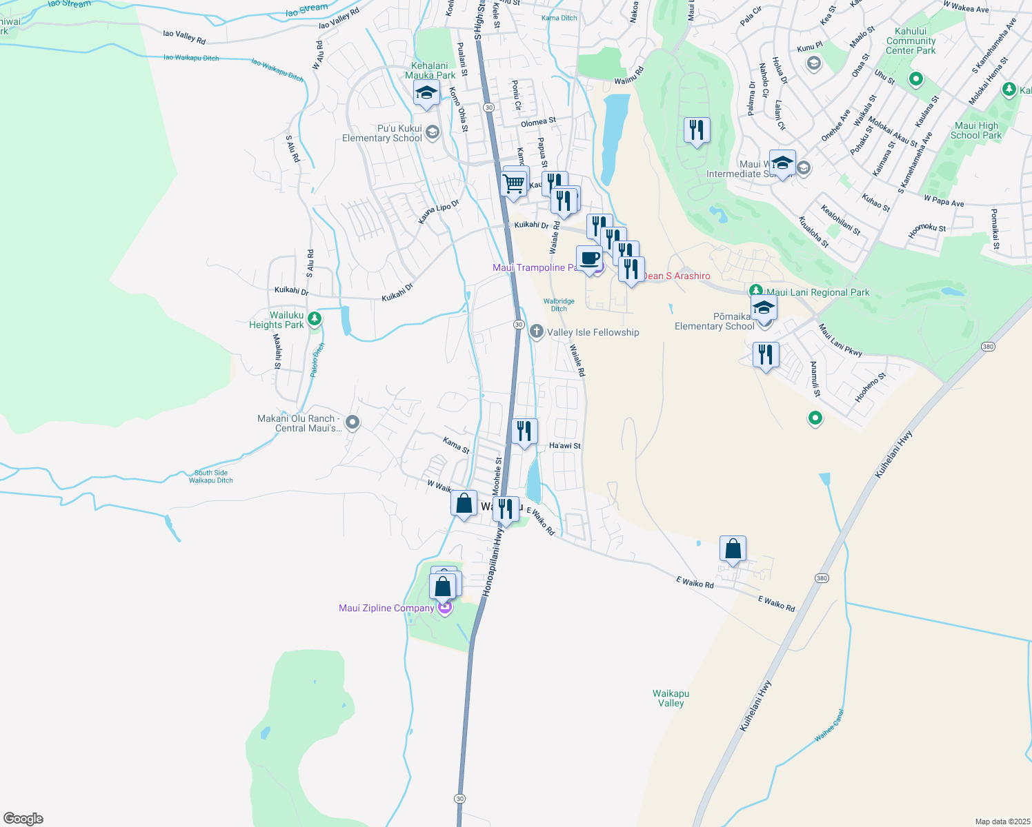 map of restaurants, bars, coffee shops, grocery stores, and more near 947 Ha'awi Loop in Wailuku