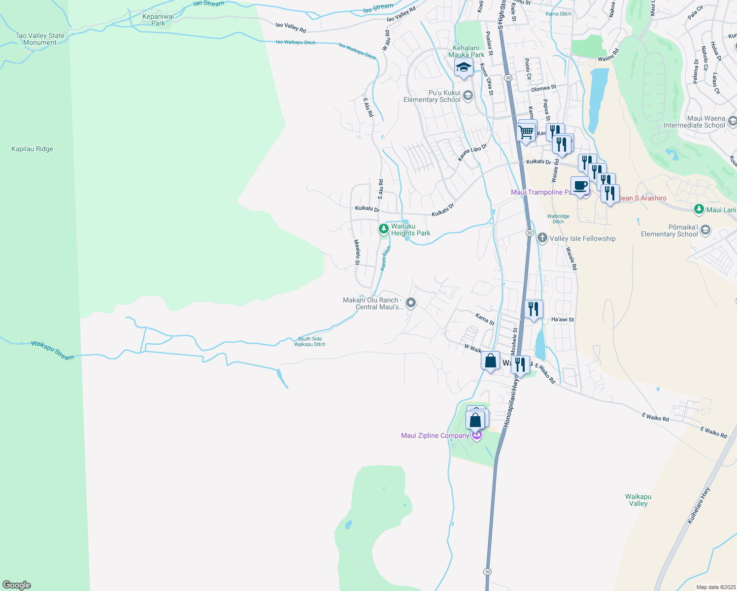 map of restaurants, bars, coffee shops, grocery stores, and more near 796 South Alu Road in Wailuku