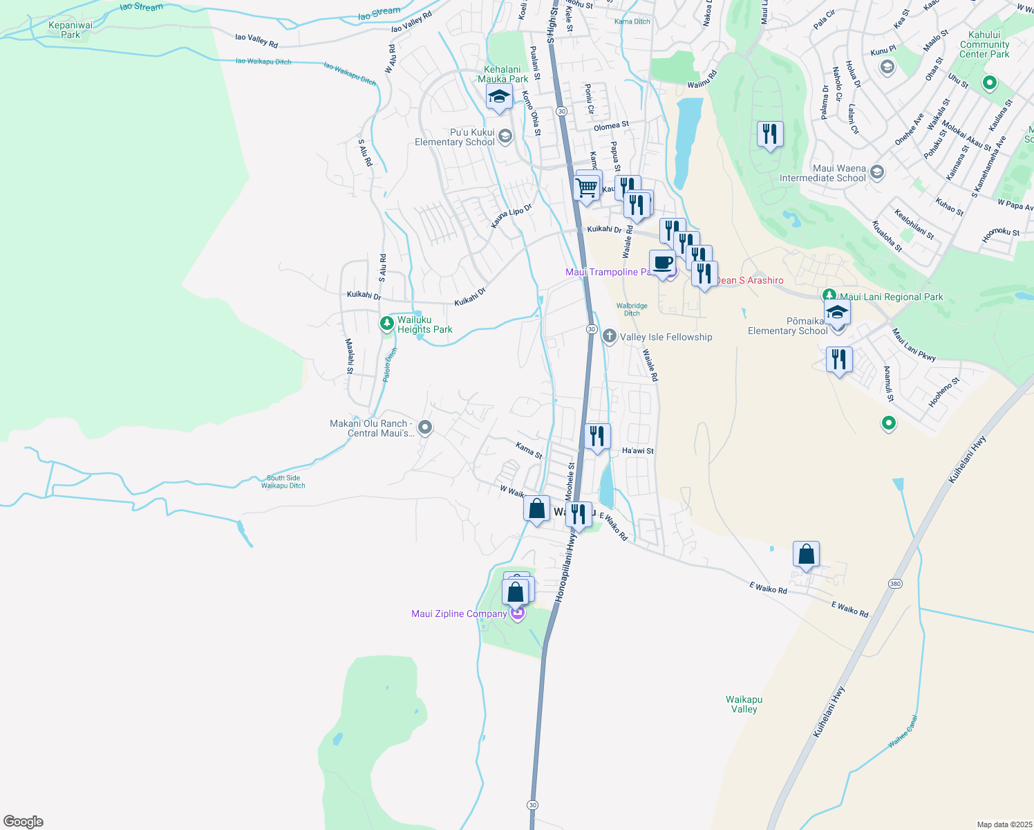 map of restaurants, bars, coffee shops, grocery stores, and more near 98 Mo'olu Circle in Wailuku