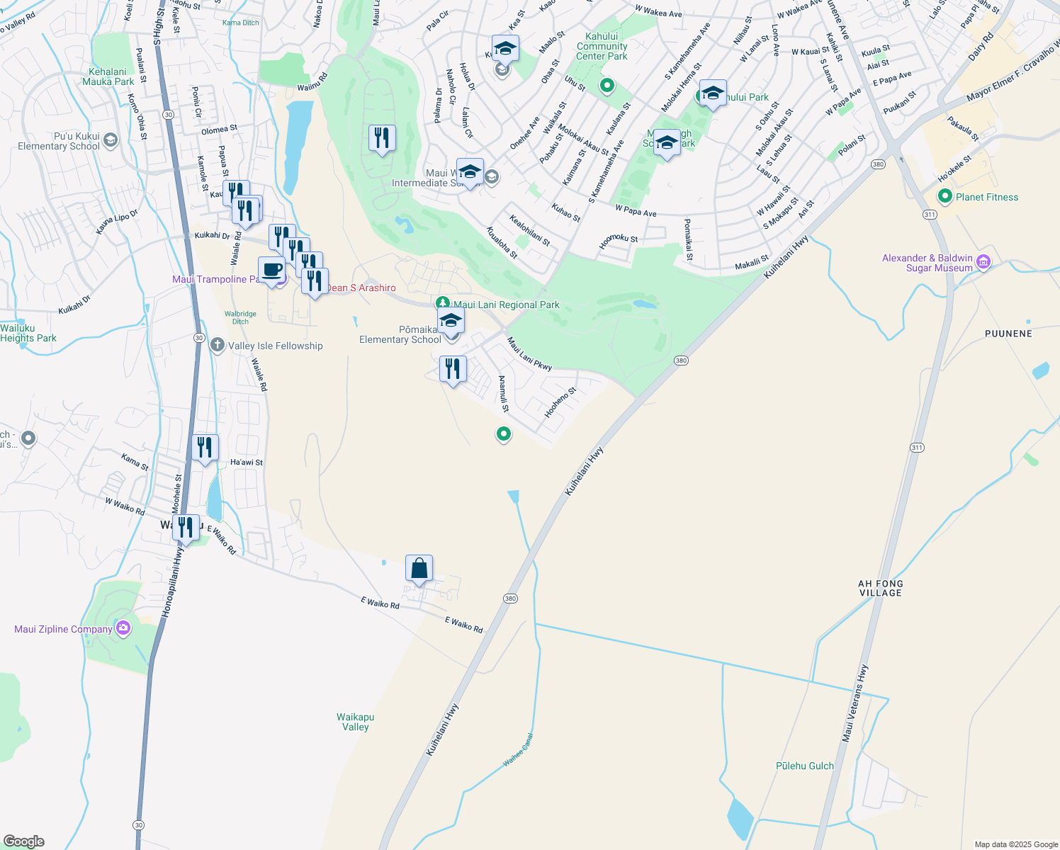 map of restaurants, bars, coffee shops, grocery stores, and more near 209 Anamuli Street in Kahului