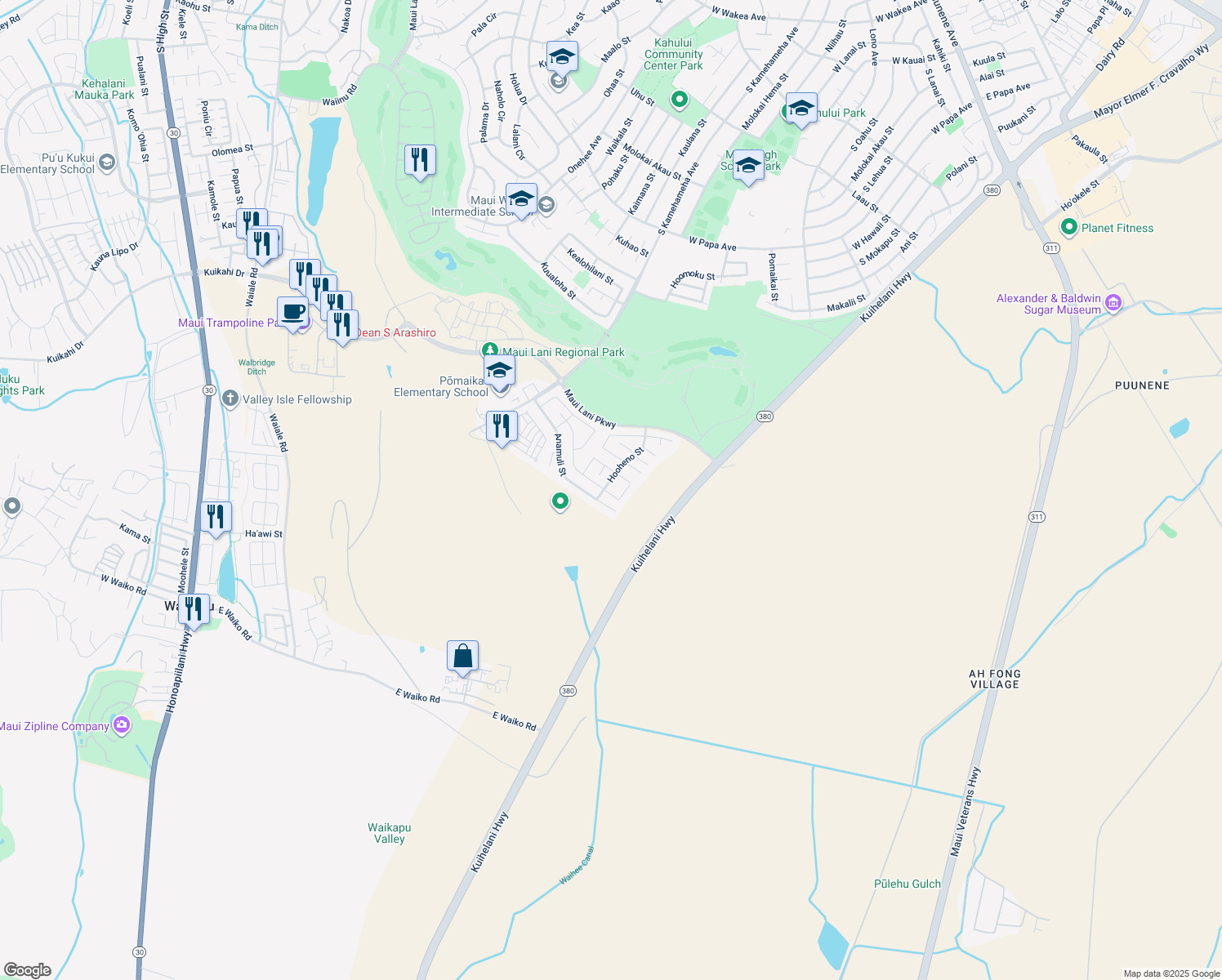 map of restaurants, bars, coffee shops, grocery stores, and more near 148 Molehulehu Loop in Kahului