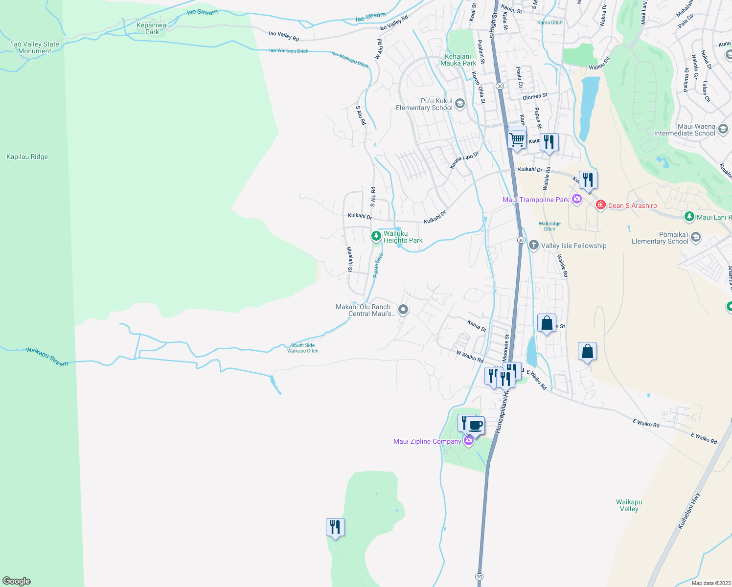 map of restaurants, bars, coffee shops, grocery stores, and more near 773 South Alu Road in Wailuku