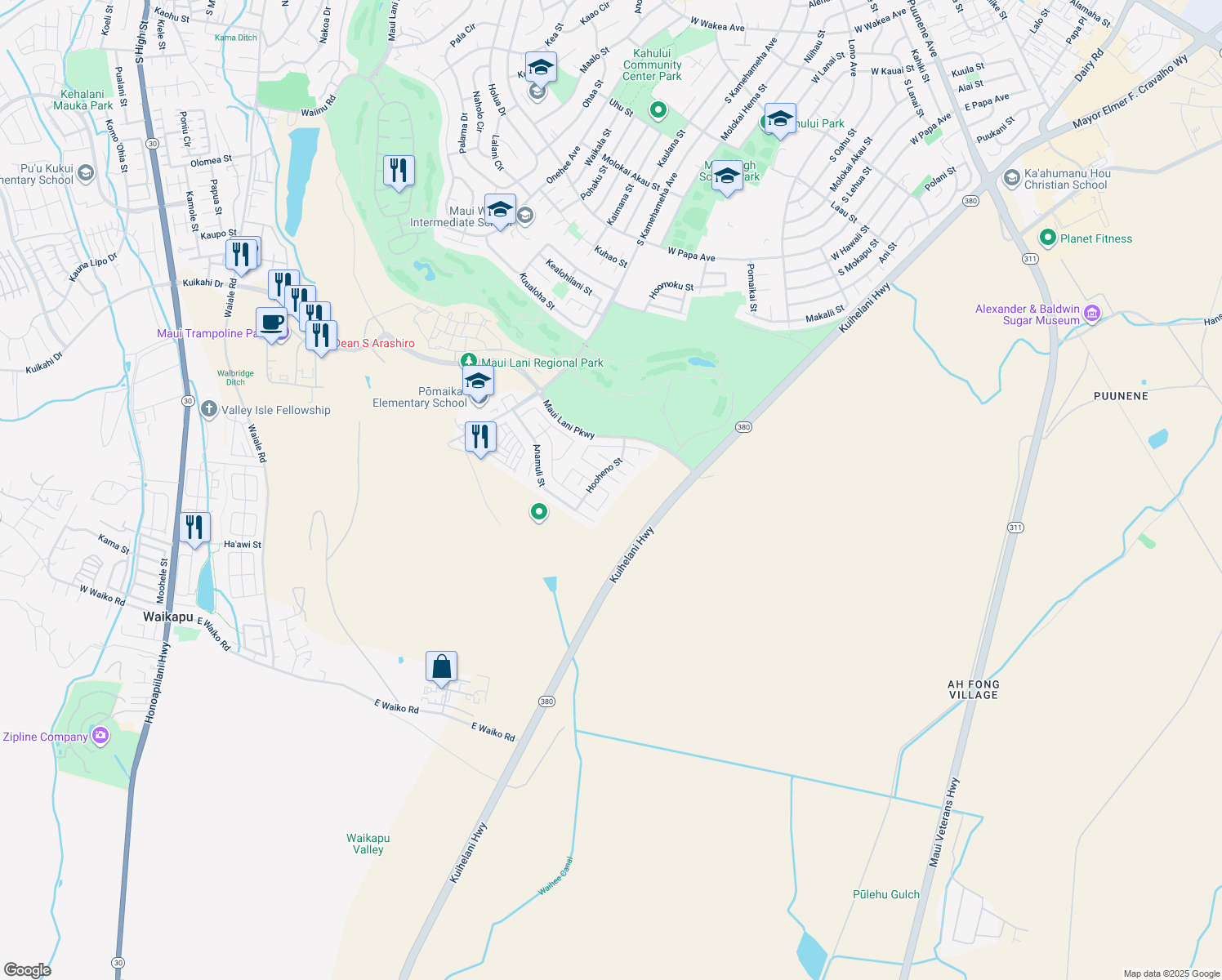 map of restaurants, bars, coffee shops, grocery stores, and more near 95 Molehulehu Loop in Kahului