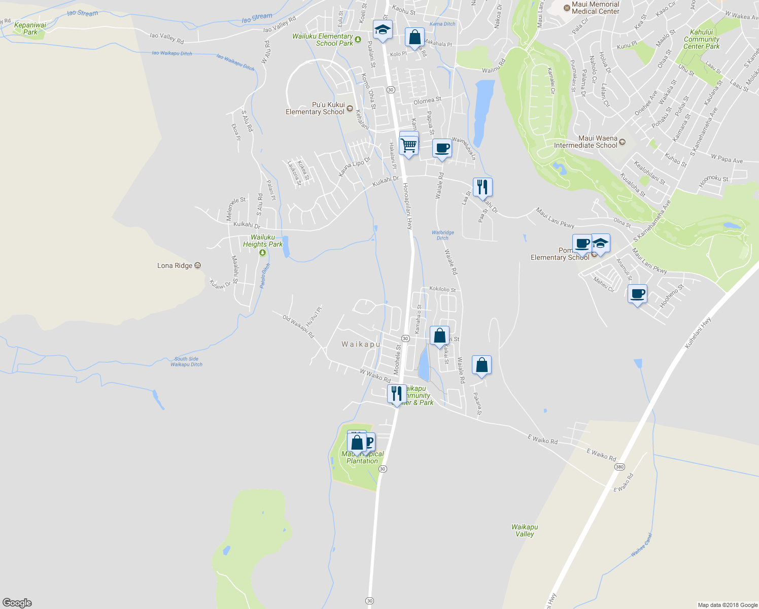 map of restaurants, bars, coffee shops, grocery stores, and more near 66 Mo'olu Street in Wailuku