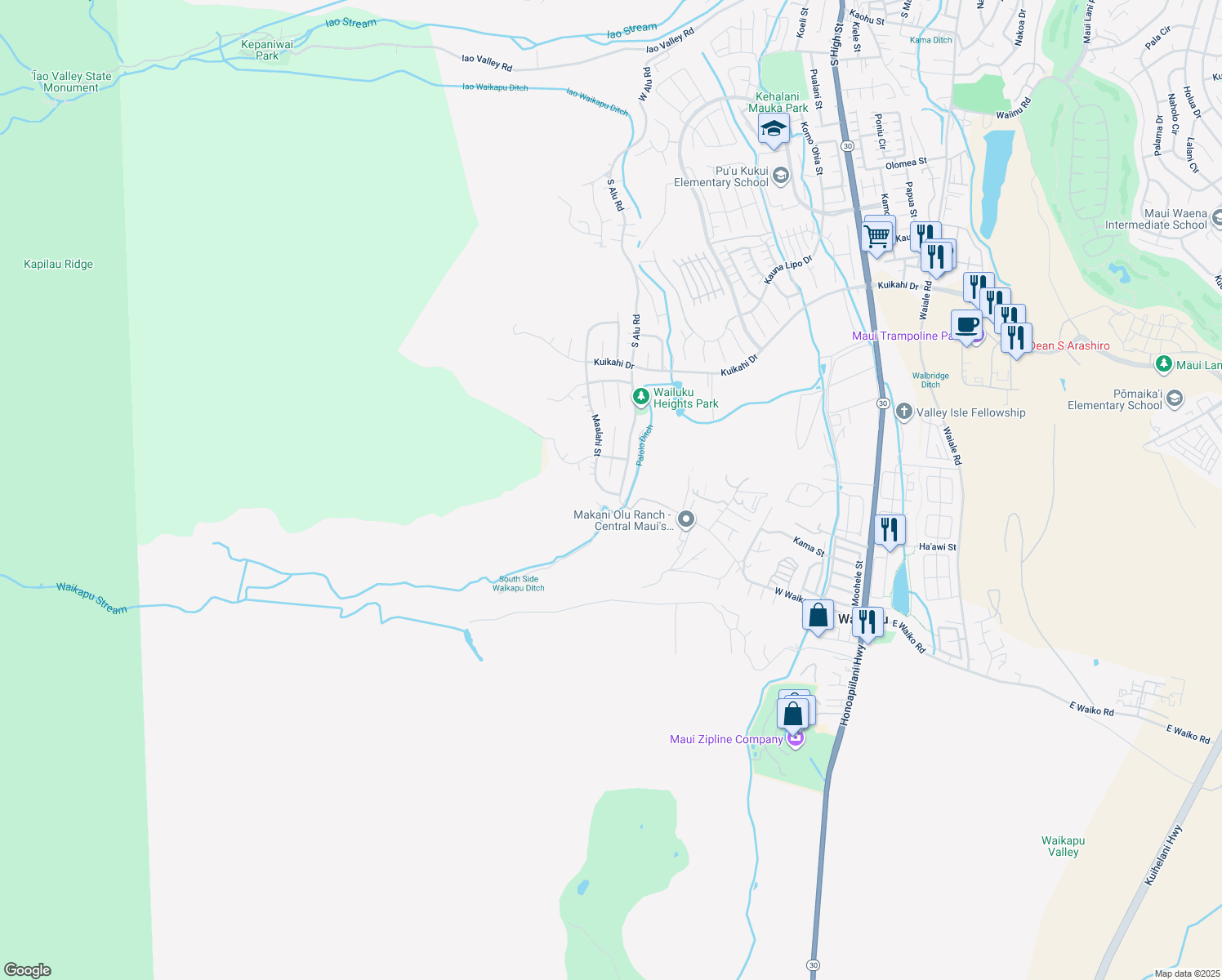 map of restaurants, bars, coffee shops, grocery stores, and more near 797 Maalahi Street in Wailuku