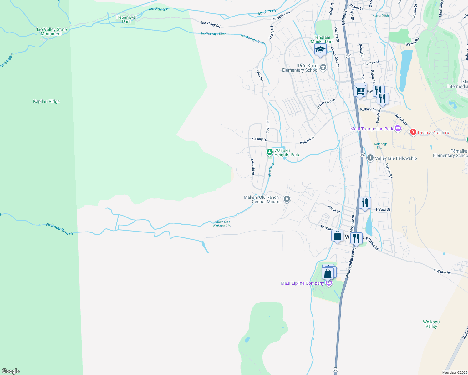 map of restaurants, bars, coffee shops, grocery stores, and more near Maalahi Street in Wailuku