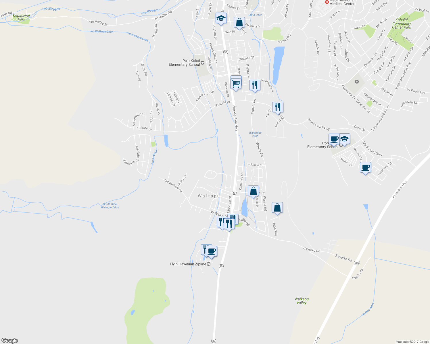 map of restaurants, bars, coffee shops, grocery stores, and more near 167 Mo'olu Circle in Wailuku